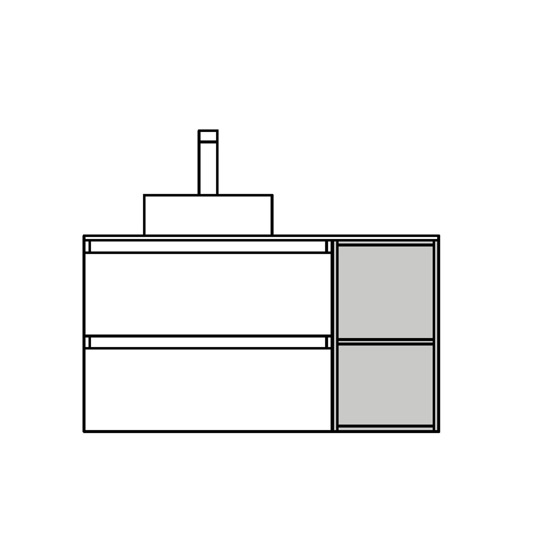 Eine minimalistische Illustration eines Badezimmerwaschtischs mit einem Waschbecken und einer Armatur oben, versehen mit zwei Schubladen und einem Stauraum auf der rechten Seite.