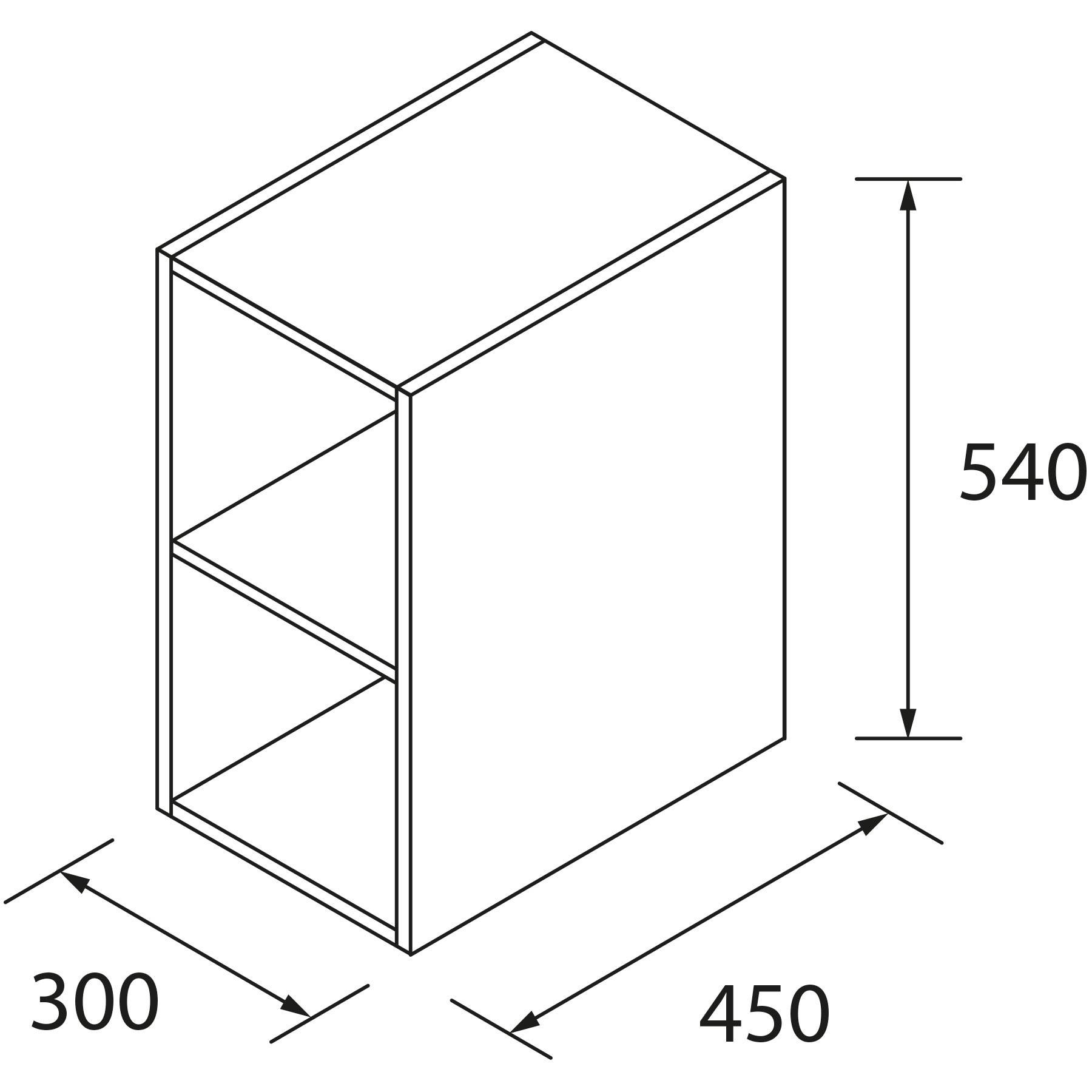 Schrank-Design-Diagramm mit einem rechteckigen Schrank mit zwei Einlegeböden. Abmessungen sind beschriftet: Breite 300 mm, Tiefe 450 mm, Höhe 540 mm.