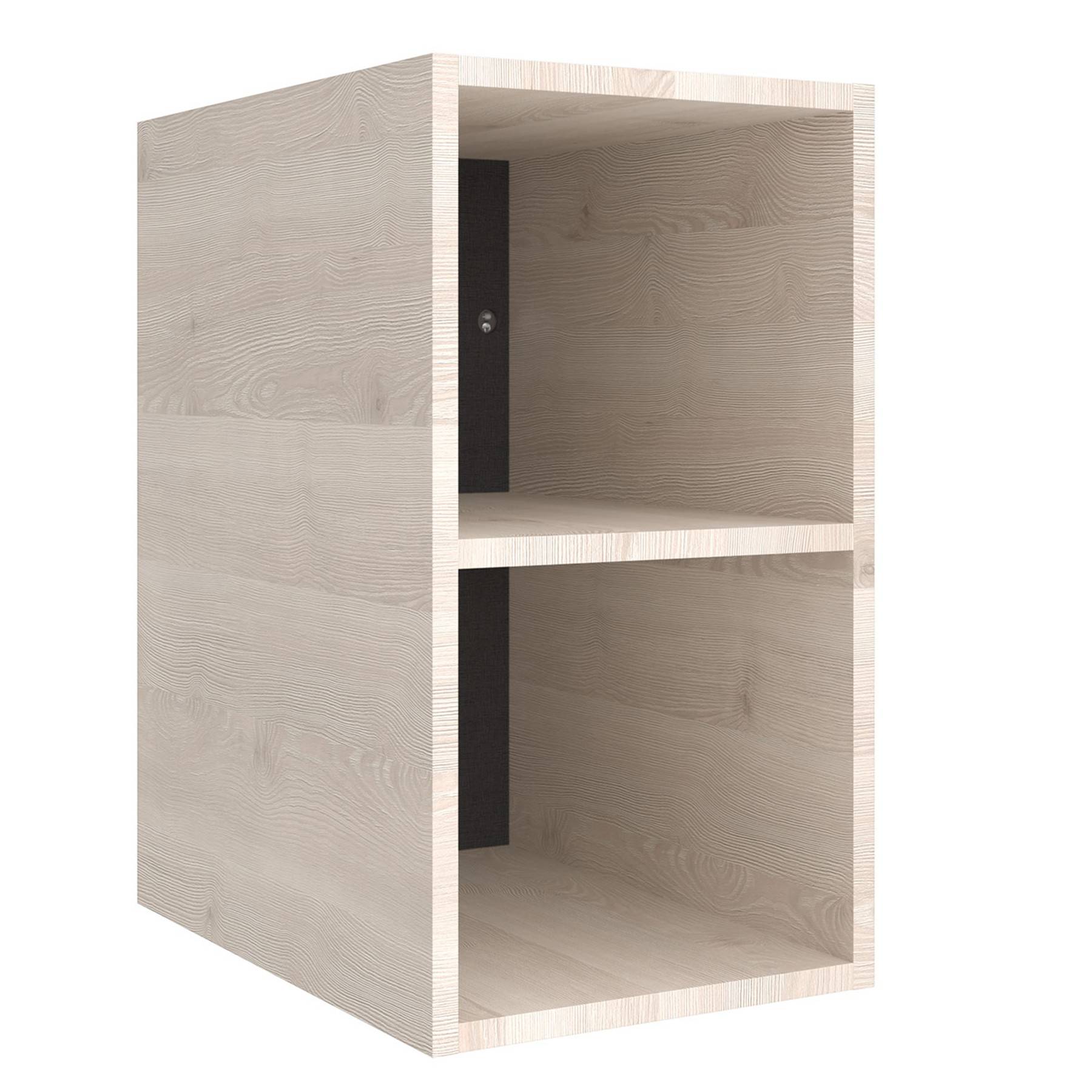 Helles Holz Würfelregal mit zwei Ablagen, offene Vorderseite, senkrecht stehend.