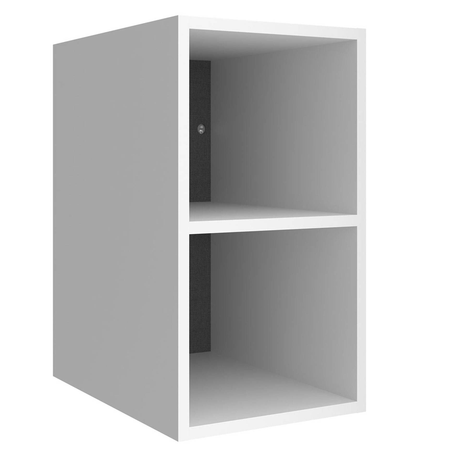 Ein weißer, rechteckiger Aufbewahrungswürfel mit zwei Fachböden, offener Vorderseite und schwarzer Rückwand, geeignet zum Organisieren oder Präsentieren von Gegenständen.