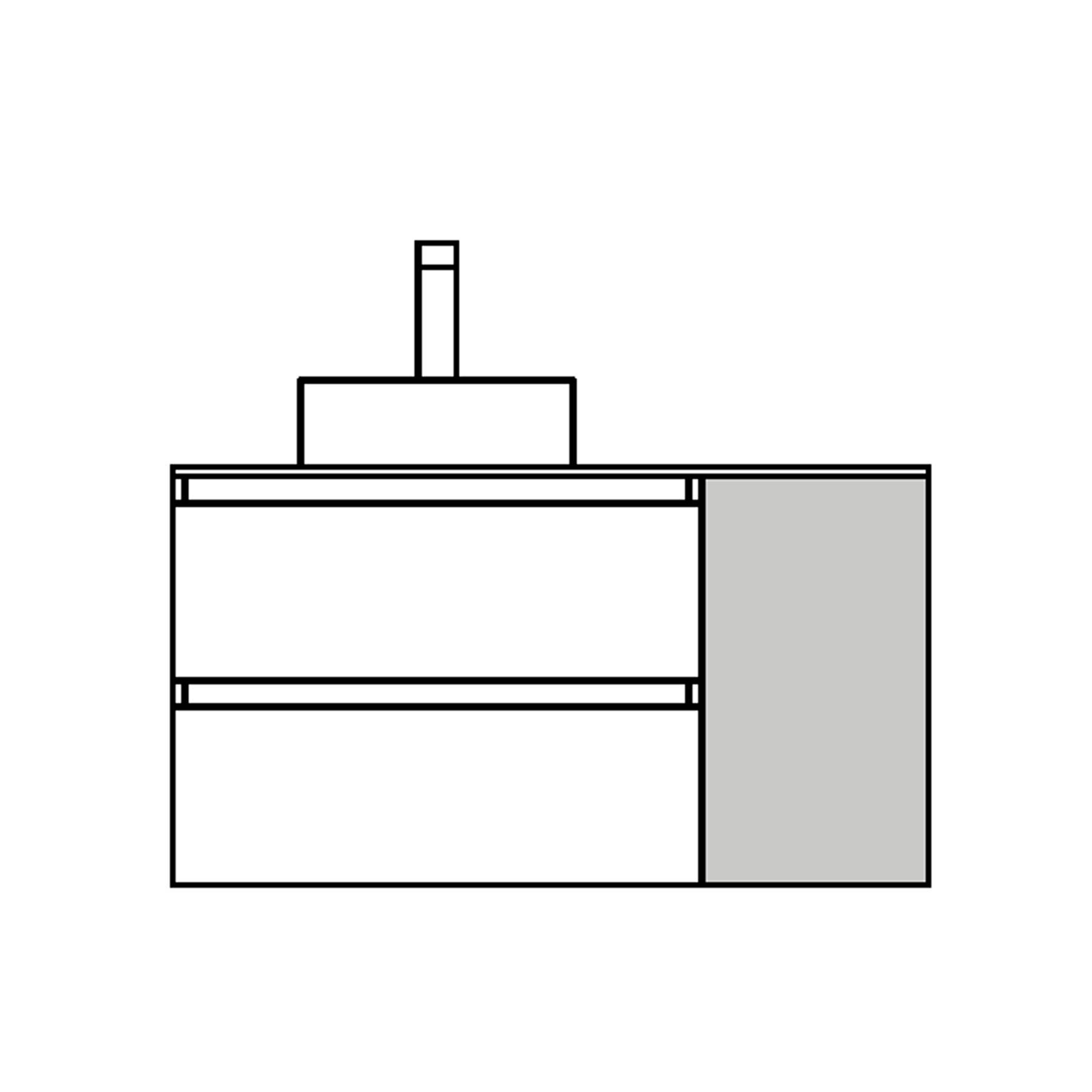 Eine Linienzeichnung eines Küchenschranks mit zwei Schubladen und einem angehängten hohen Fach auf der rechten Seite, mit einem zentralen Wasserhahn oben.