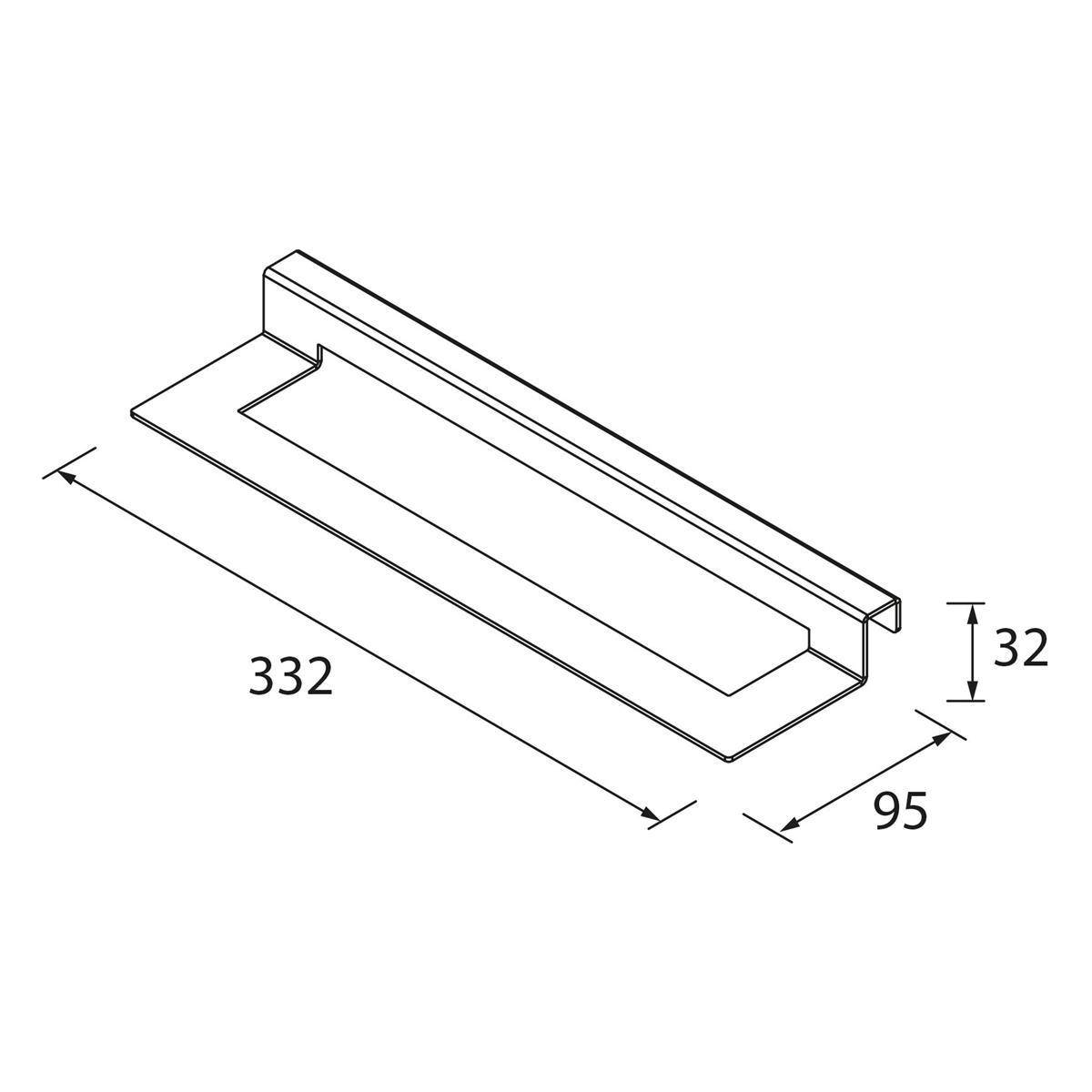 Isometrische technische Zeichnung eines langen Metallkanals oder Tabletts, beschriftet mit 332 mm Länge, 95 mm Breite und 32 mm Höhe.
