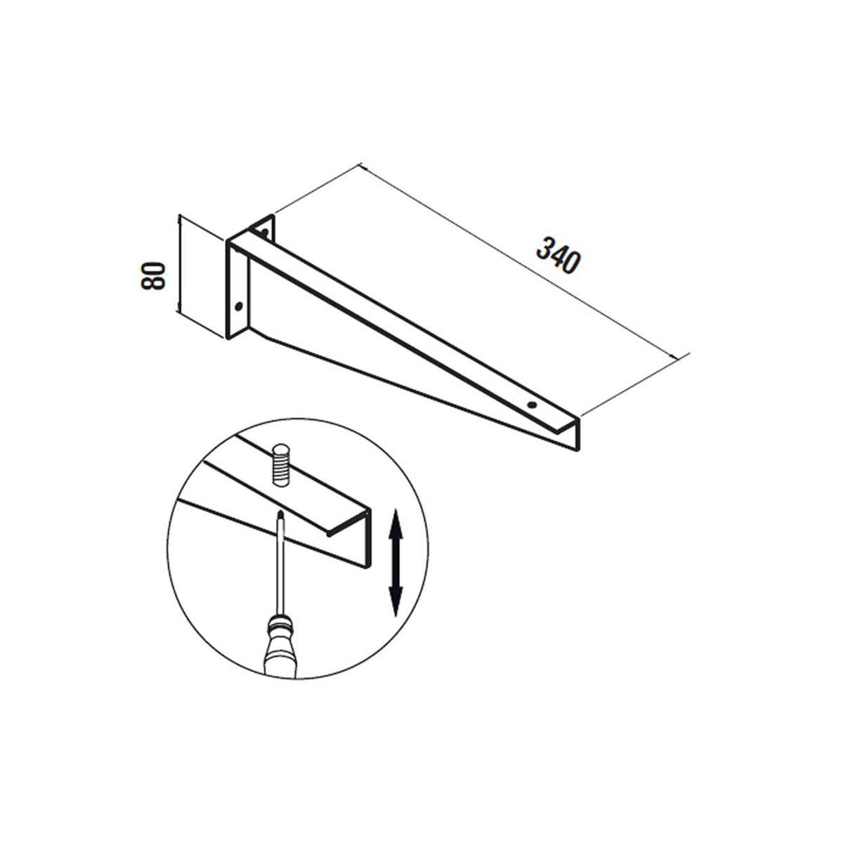 Diagramm einer verstellbaren Wandhalterung mit einer Länge von 340 und einer Höhe von 80, mit einer Nahaufnahme eines Schrausenlochs zum Heben oder Senken des Arms.