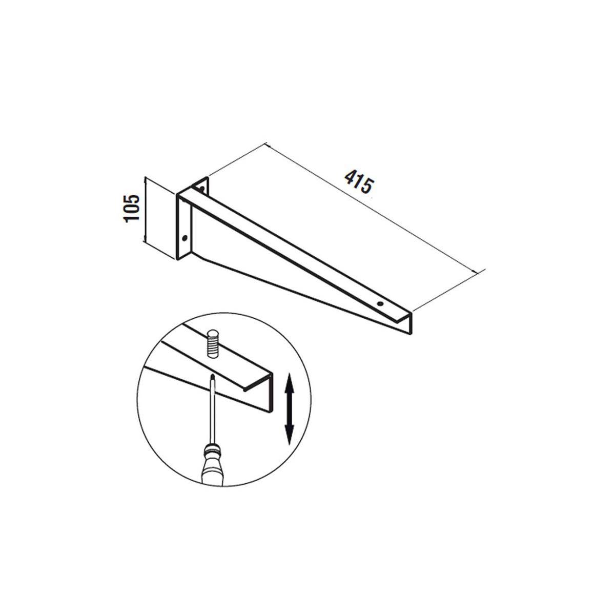 Montagediagramm einer Metallwandhalterung, mit einer Länge von 415 und einer Höhe von 105, mit Detaildarstellung einer Schraube, die die Halterung vertikal befestigt.