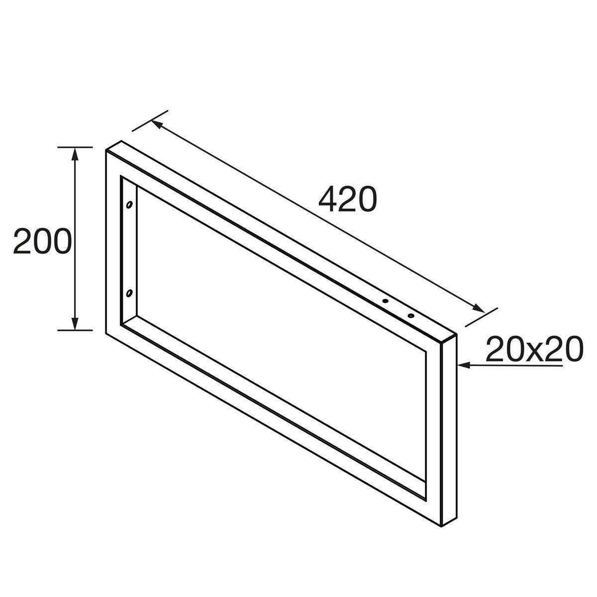 Isometrische technische Zeichnung eines rechteckigen Rahmenpanels, beschriftet mit 420 mal 200 mit 20x20 Dicke.