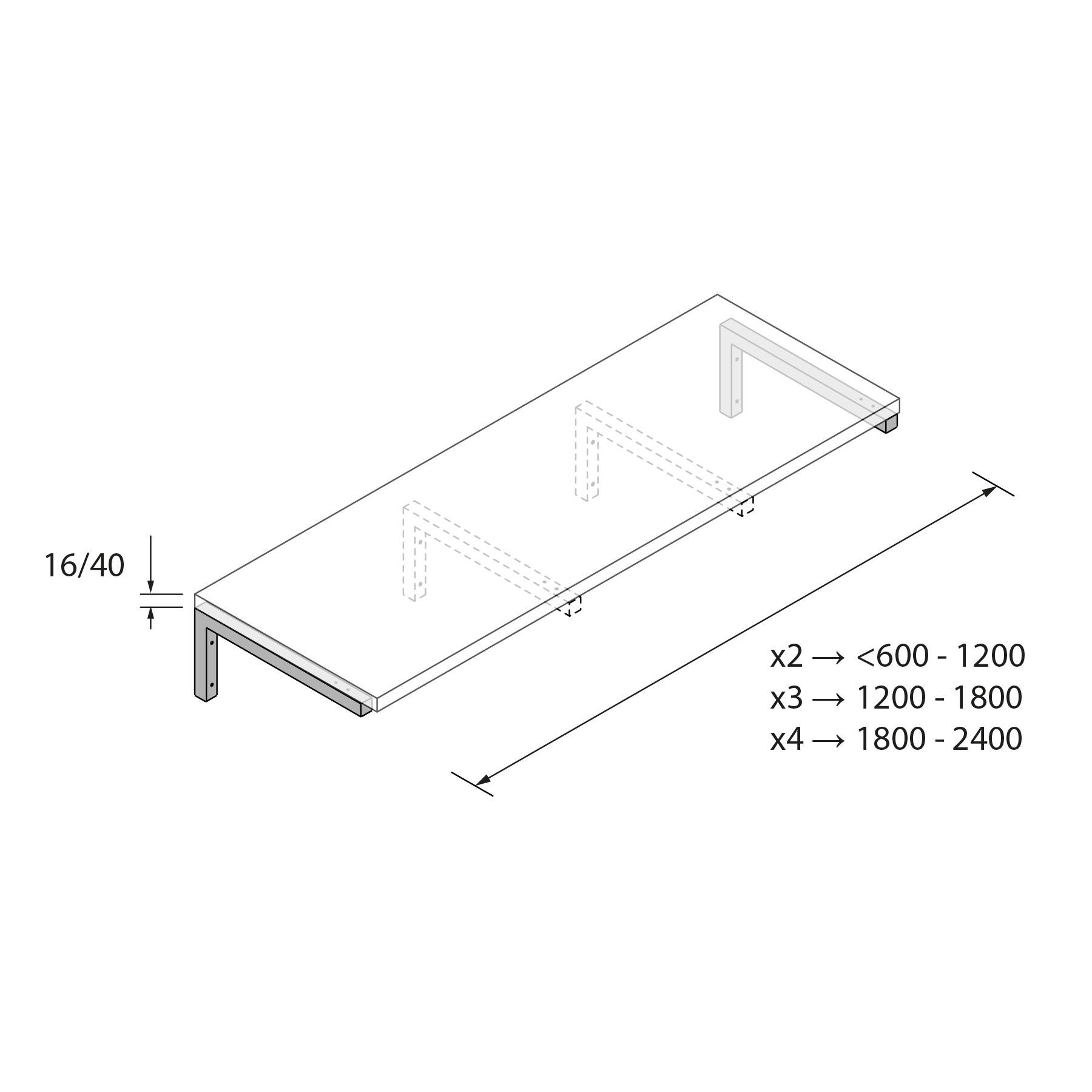 Zwei L-förmige Halterungen zur Regalbefestigung; Abmessungen reichen von 600-2400 mm in der Länge. Regalhöhe und Abstützabstände angegeben.
