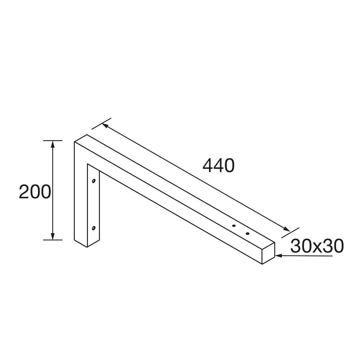Technische Zeichnung einer L-förmigen Halterung mit Abmessungen: 200 mm Höhe, 440 mm Länge und 30x30 mm Querschnitt.