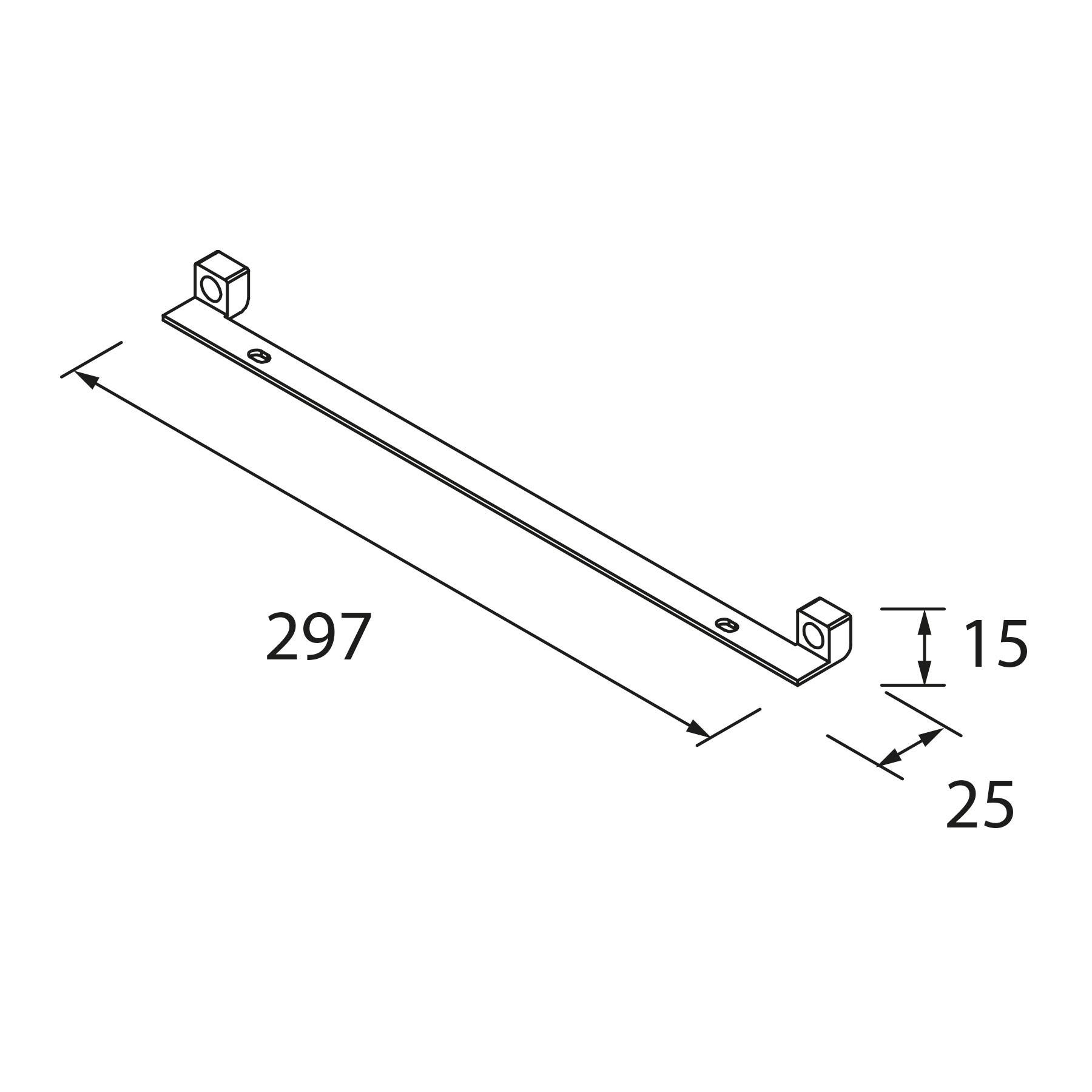 Eine technische Zeichnung eines rechteckigen Metallbalkens mit Abmessungen: Länge 297 mm, Breite 25 mm und Höhe 15 mm, aus einer Perspektivansicht betrachtet.