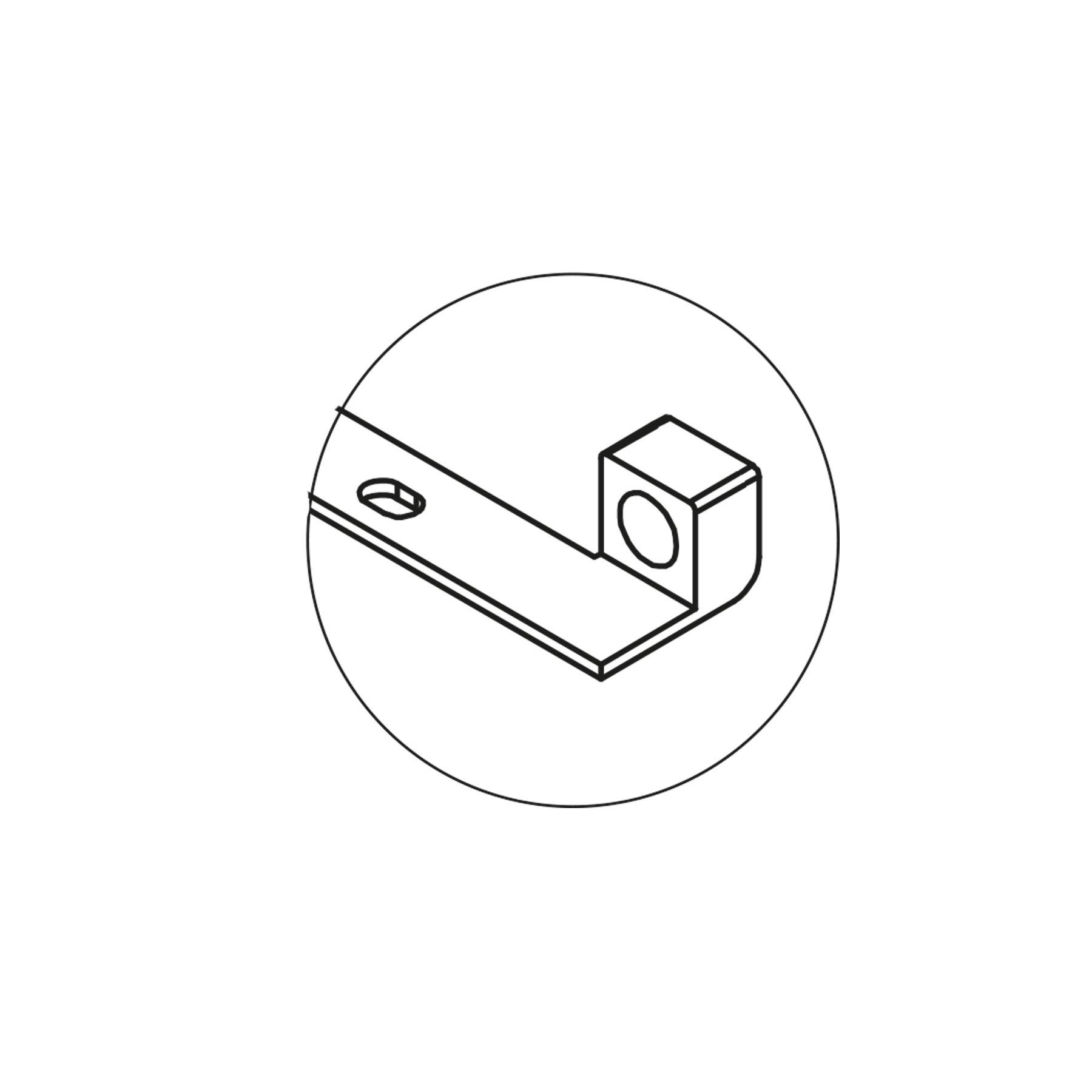 Linienzeichnung eines L-förmigen Metallbügels mit einem Loch an einem Ende und einem Würfel am anderen Ende, eingerahmt in einem kreisförmigen Rahmen.