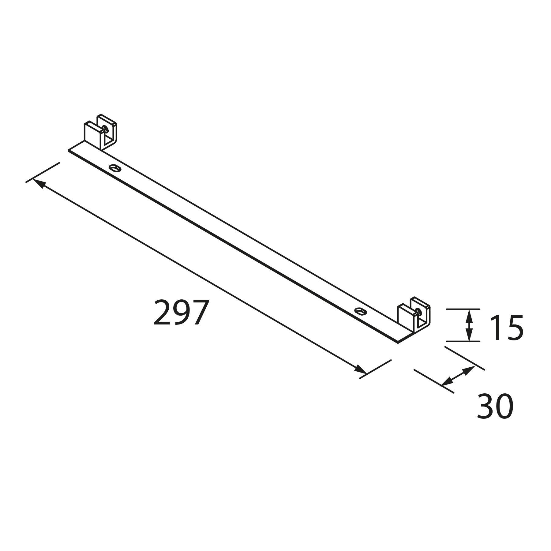 Technische Zeichnung einer Metallhalterung mit Maßangaben: Länge 297 mm, Breite 30 mm, Höhe 15 mm, dargestellt im Linienstil einer technischen Zeichnung.