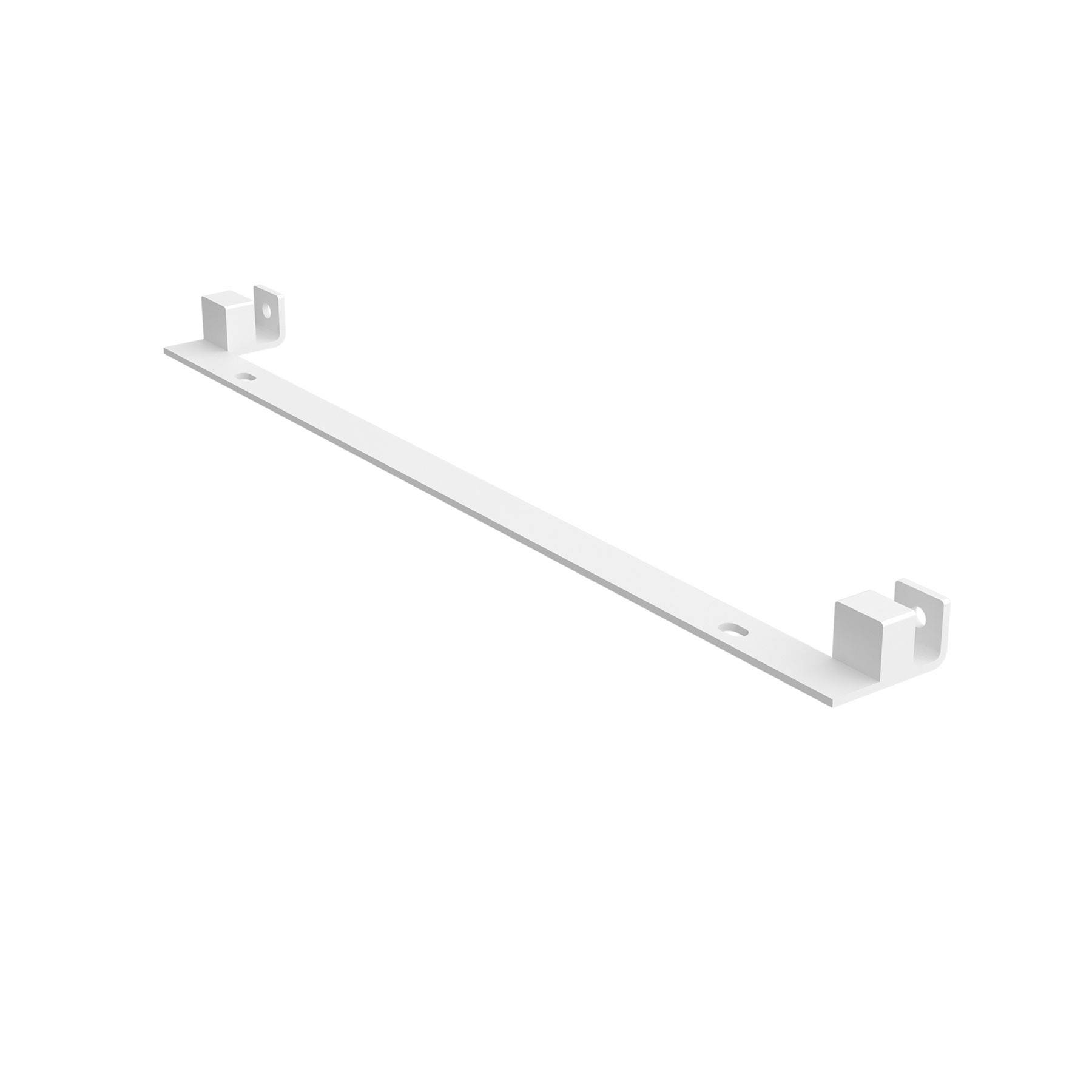 Weißer Metallmontagehalter mit zwei L-förmigen Enden, entwickelt zum Befestigen von Gegenständen an einer Wand, mit zwei Befestigungslöchern.