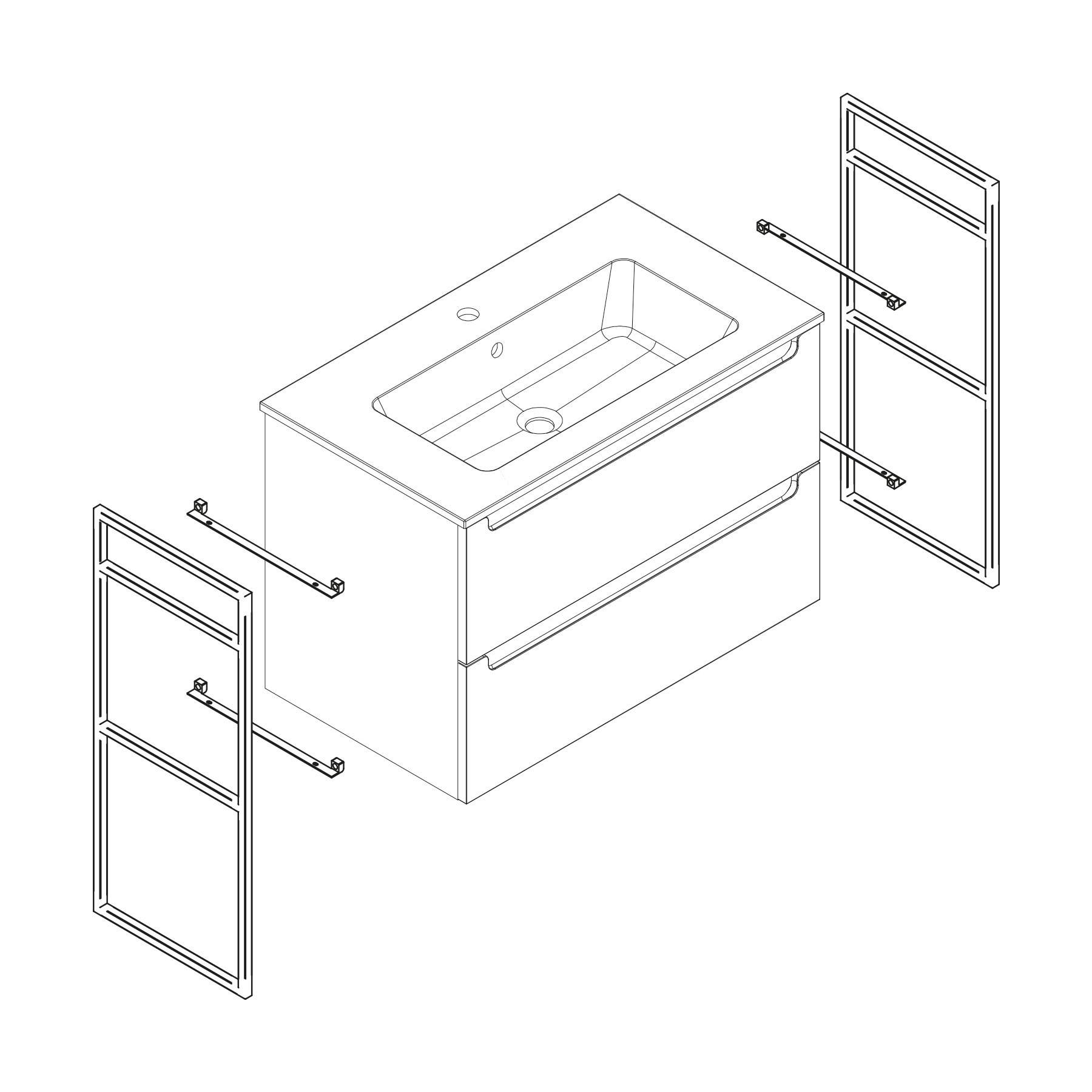 Schematische Darstellung eines Badezimmer-Waschtischs mit integriertem Waschbecken. Die Zeichnung zeigt die strukturelle Anordnung mit zwei umliegenden Handtuchhaltern, dargestellt in einer Linienzeichnung.