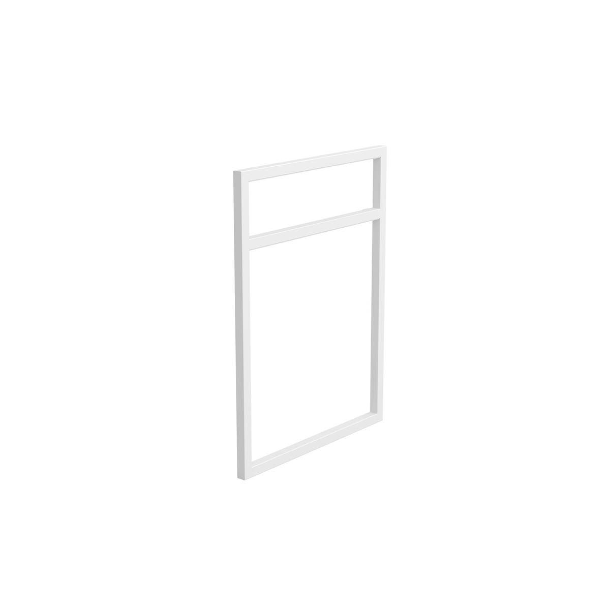 Minimalistische weiße rechteckige Metallrahmen oder Fensterplatte vor einem weißen Hintergrund, in Perspektive dargestellt.