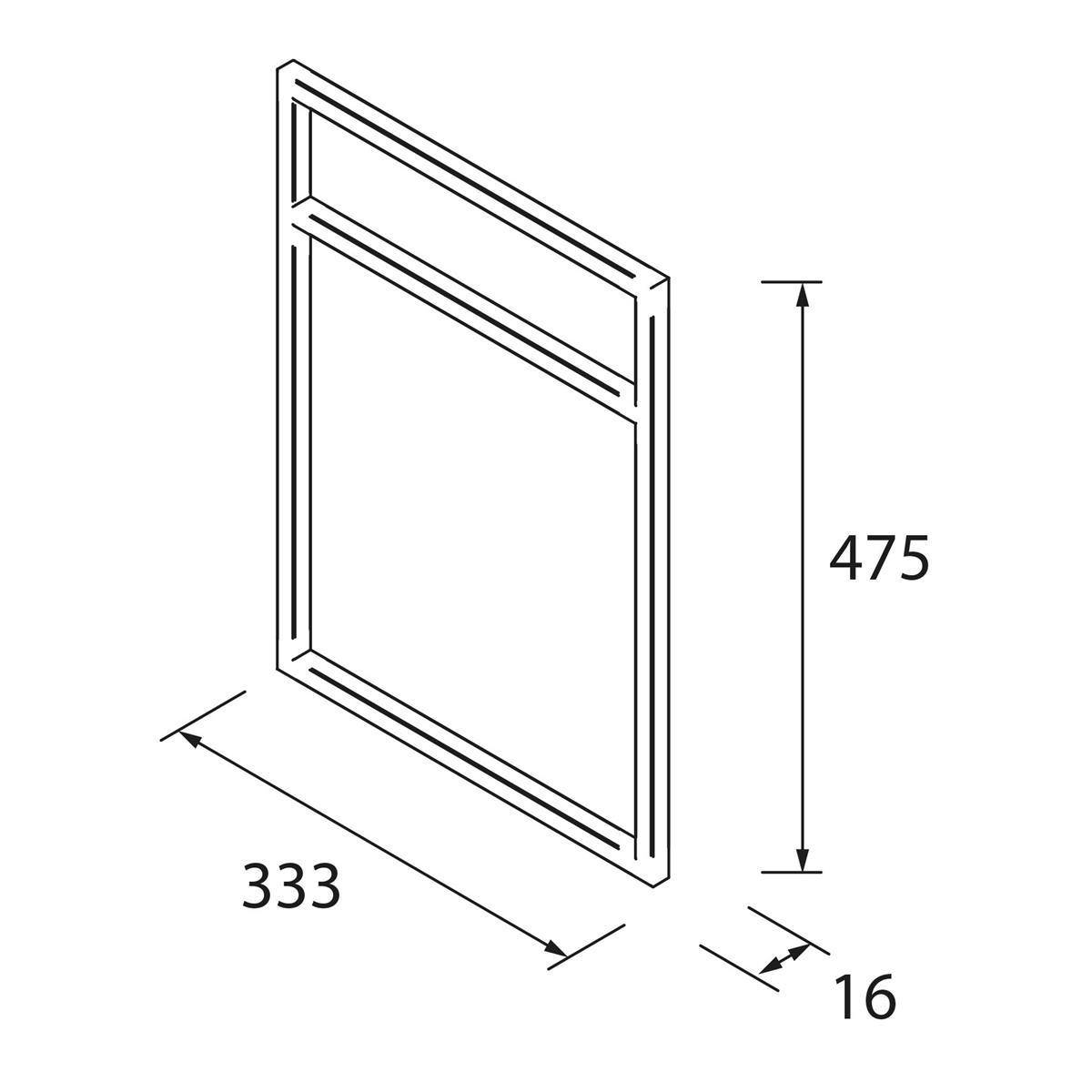 Isometrische technische Zeichnung eines rechteckigen Fensterrahmens mit den Abmessungen 475 hoch, 333 breit und 16 tief.