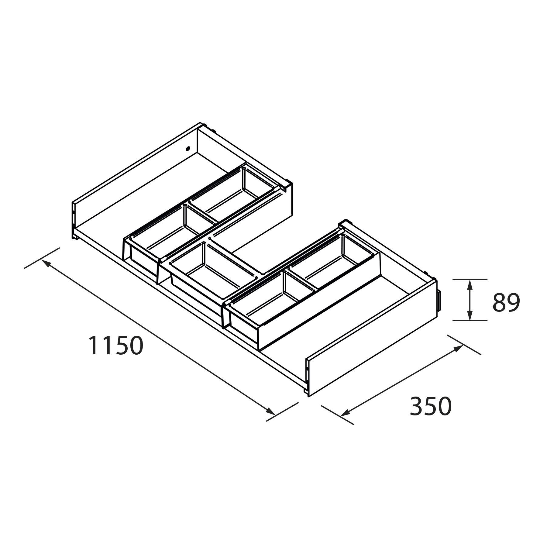 Dimensionierte Skizze eines S-förmigen Holzregals mit Maßangaben: 1150 mm Breite, 89 mm Höhe und 350 mm Tiefe.