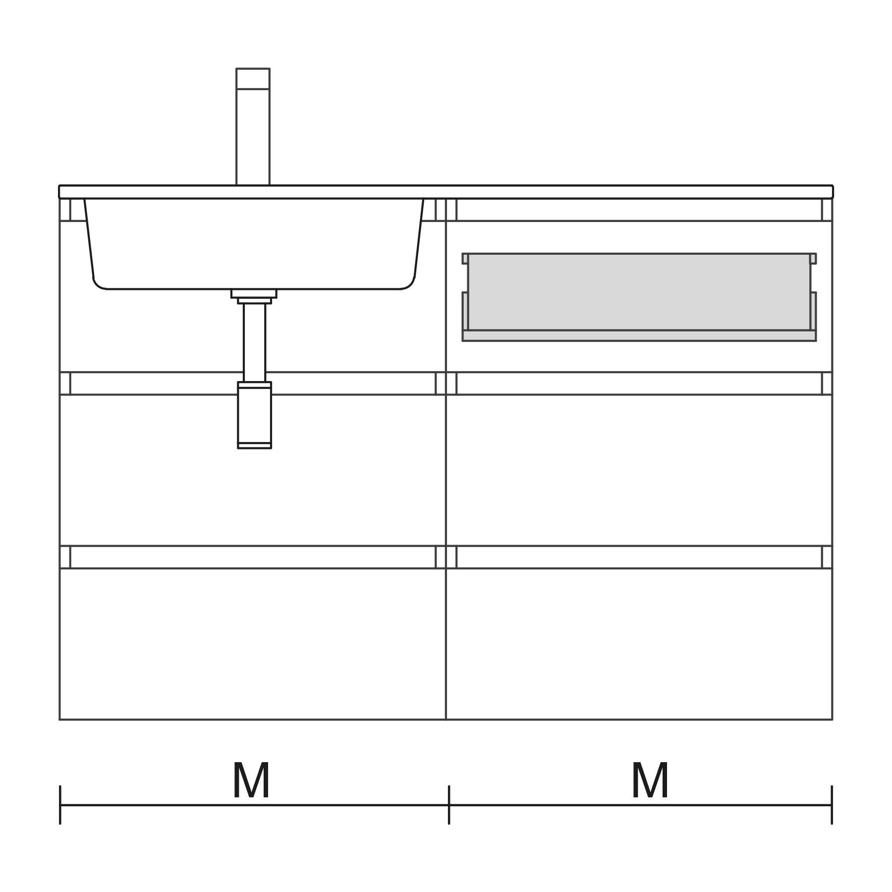 Technische Zeichnung einer Doppel-Waschtischanlage mit einem Waschbecken auf der linken Seite und einer Schublade auf der rechten Seite. Beide Bereiche mit 