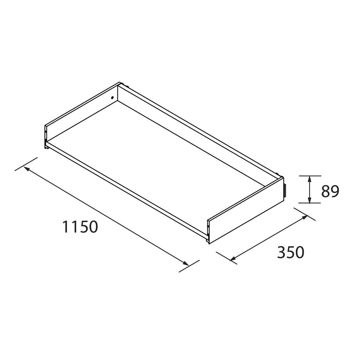 Bemaßte Zeichnung einer flachen rechteckigen Schale oder Schubladeneinheit mit den Maßen 1150 mm Länge, 350 mm Breite und 89 mm Höhe.