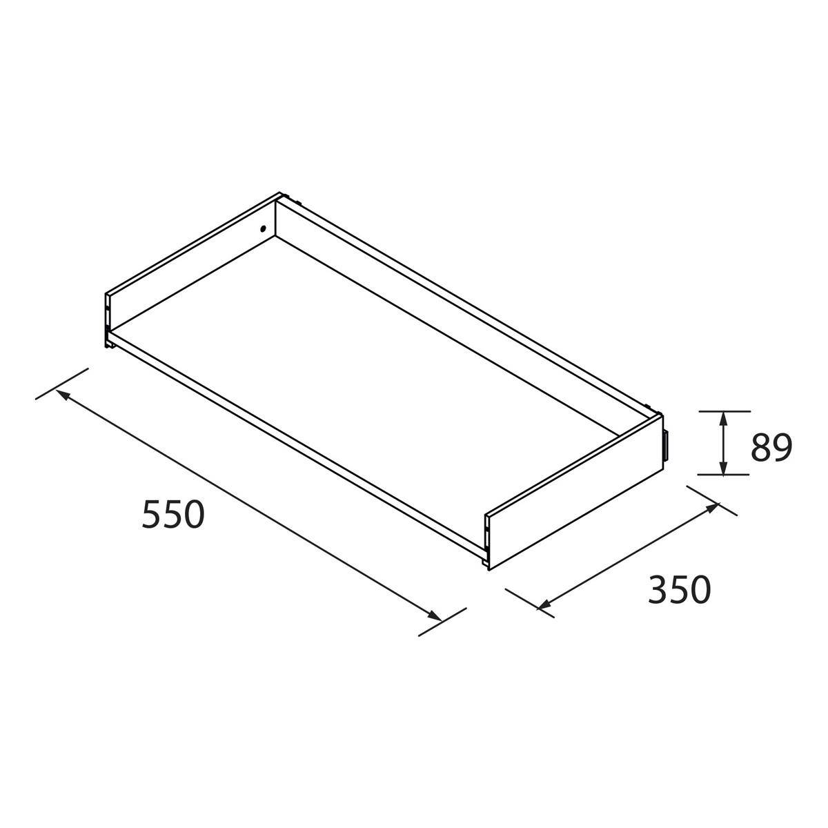 Isometrisches Maßstabsdiagramm einer rechteckigen Tablett- oder Schubladeneinsatzform, gekennzeichnet mit 550 mm Länge, 350 mm Breite und 89 mm Höhe.