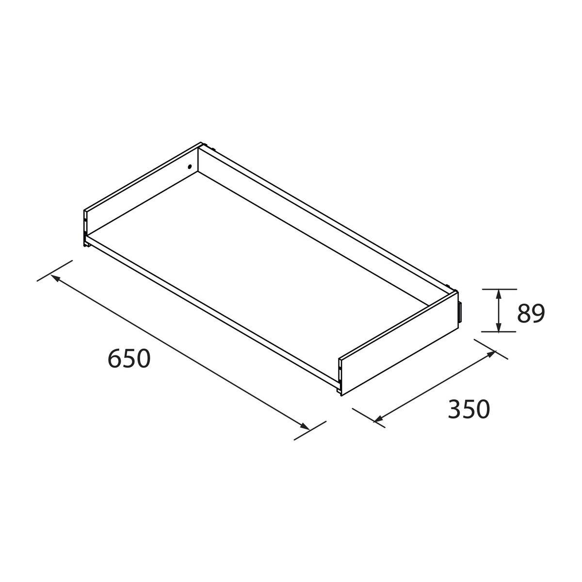 Isometrische technische Zeichnung eines rechteckigen Tabletts oder Regals, gekennzeichnete Abmessungen 650 x 350 x 89.