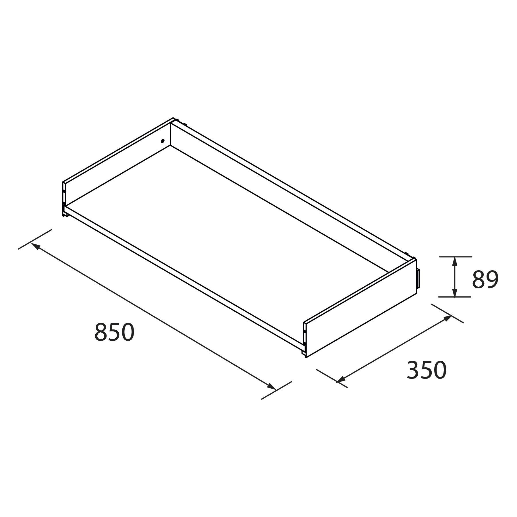 Eine technische 3D-Zeichnung einer rechteckigen Kiste mit offener Oberseite, mit beschrifteten Abmessungen: Breite 850, Tiefe 350 und Höhe 89 Millimeter.