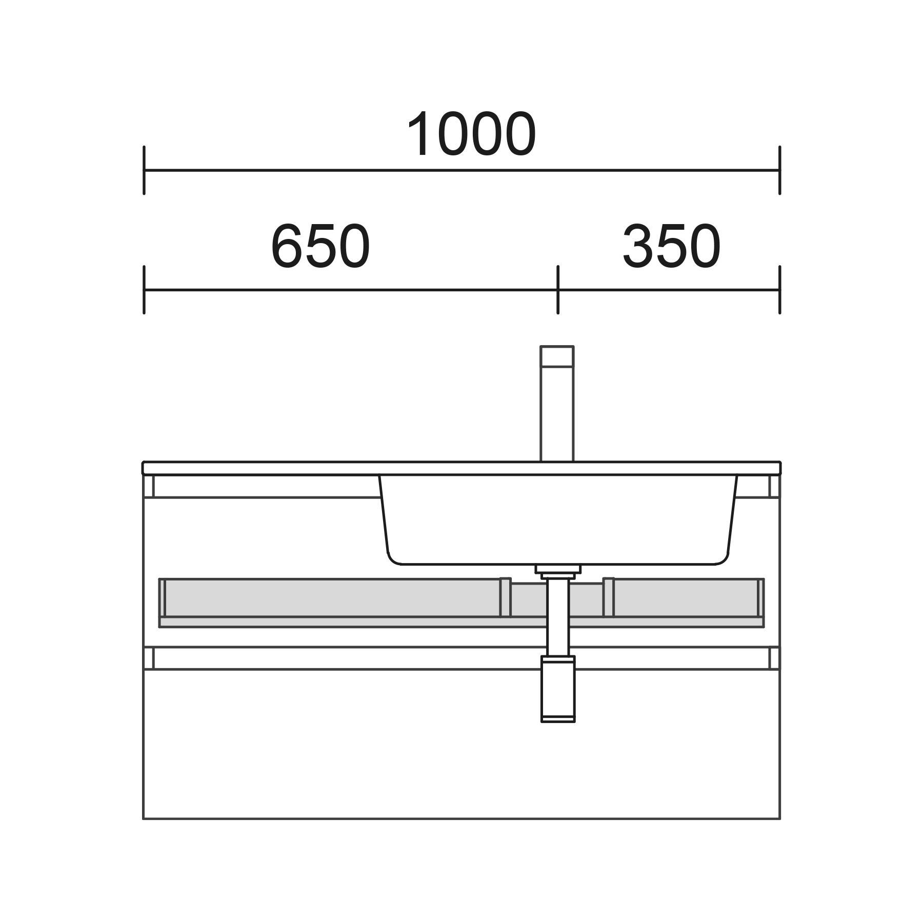 Frontansicht einer Linienskizze eines Waschbeckens mit Unterschrank, Gesamtbreite 1000 mm; aufgeteilt in 650 mm und 350 mm Abschnitte.