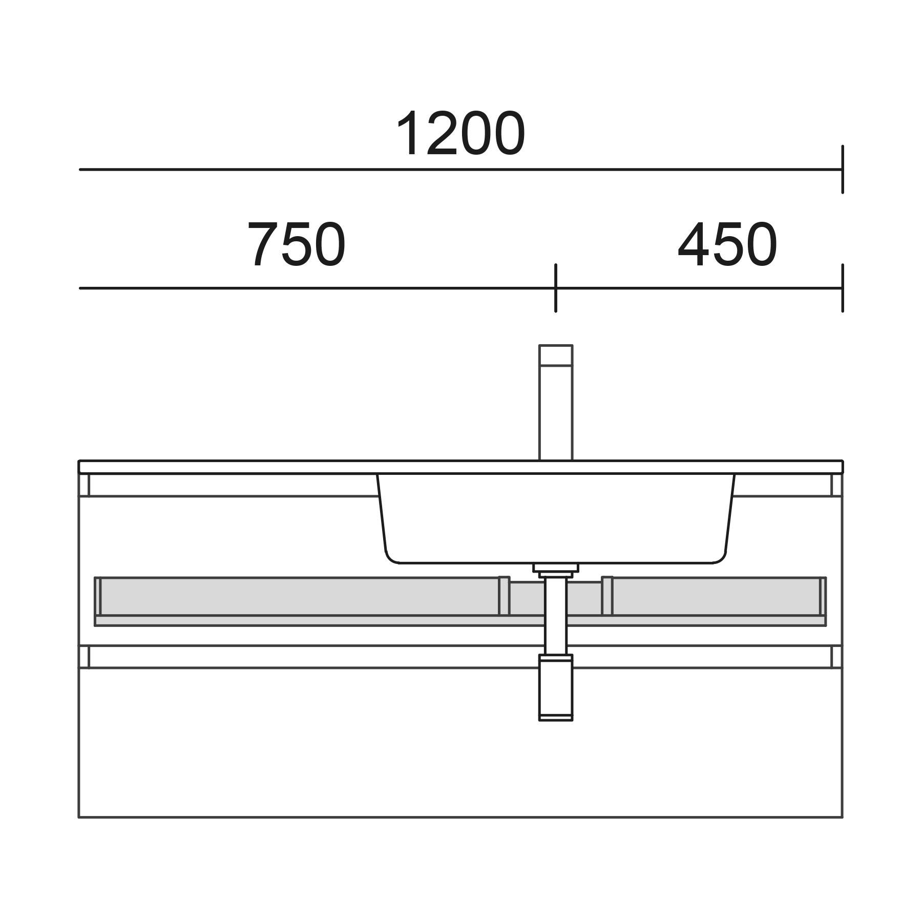 Technische Zeichnung eines Waschbeckens mit Maßangaben. Gesamtbreite beträgt 1200 mm, mit markierten Abschnitten von 750 mm und 450 mm. Frontansicht dargestellt.