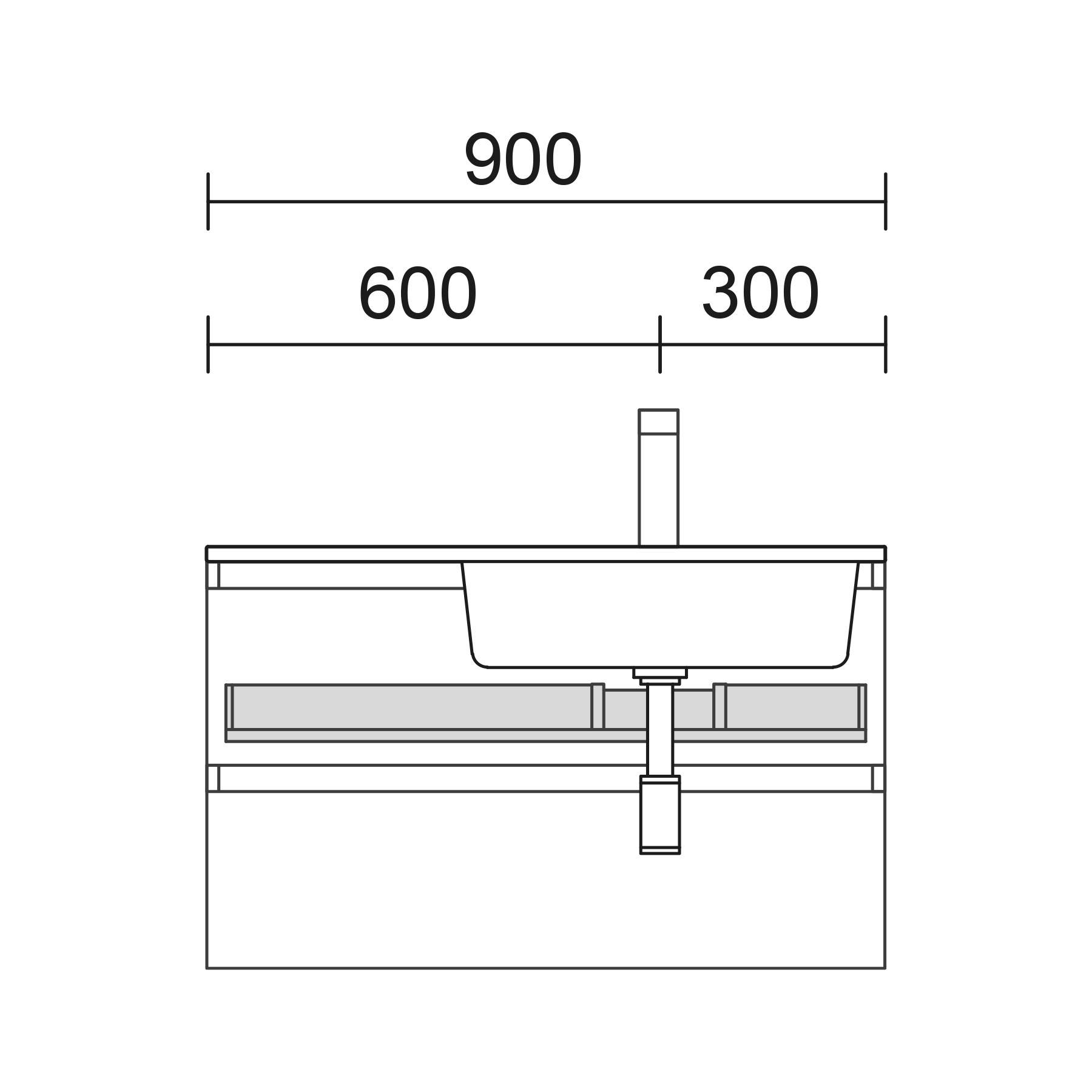Technische Zeichnung eines Waschbeckens und Unterschranks. Die Gesamtbreite beträgt 900 mm, wobei 600 mm für das Waschbecken und 300 mm für den verbleibenden Schrankraum vorgesehen sind.