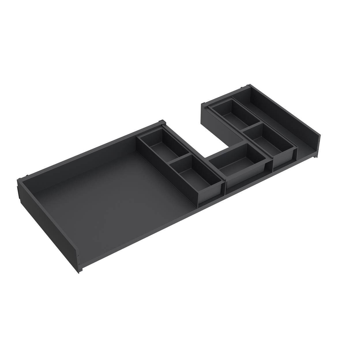 Schwarzes modulares Schubladeneinsatz-Tablett mit mehreren Fächern und einem großen offenen Bereich, dargestellt in isometrischer Ansicht.