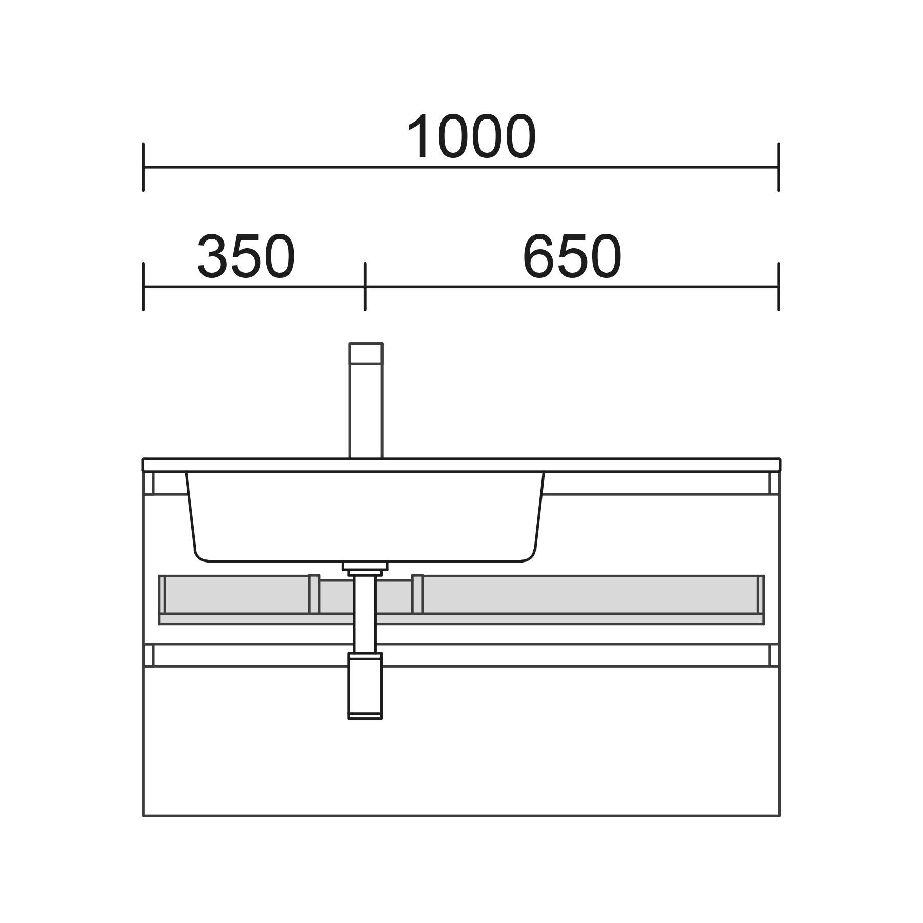 Spülbecken-Diagramm mit Maßangaben: Gesamtbreite 1000 mm, Beckenbreite 650 mm, linke Seite 350 mm.