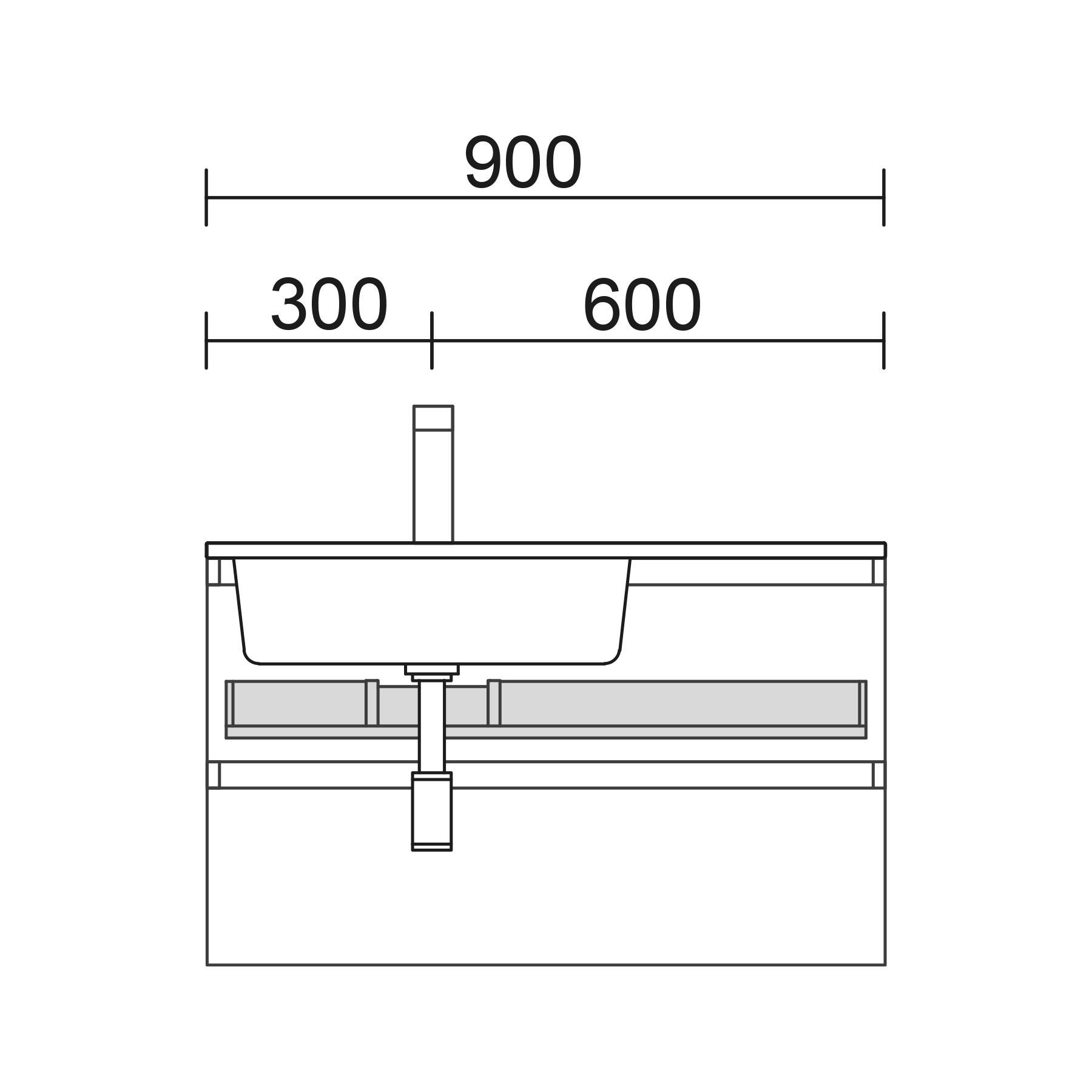 Diagramm eines Wandwaschbeckens mit Maßangaben: Gesamtbreite 900 mm, linker Abschnitt 300 mm, rechter Abschnitt 600 mm, zentrierte Armatur.
