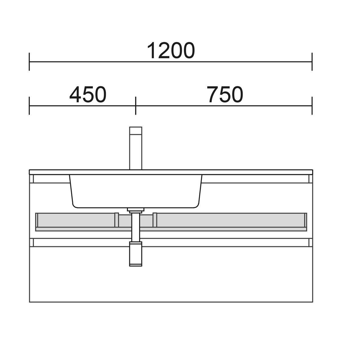 Technischer Querschnitt mit einem 1200er breiten Spülbeckenlayout, aufgeteilt in 450er und 750er Abschnitte, mit zentralem Ablauf und Unterstützungsstruktur auf der Unterseite.