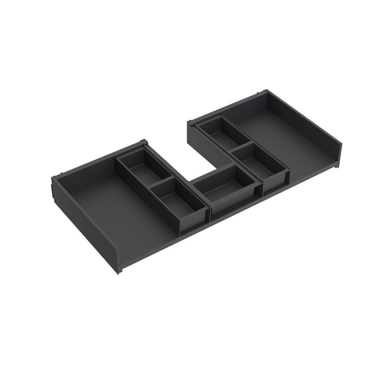3D schwarzer modularer Schubladenorganizer mit zwei großen Fächern und mehreren kleineren Trennwänden in gestaffeltem Layout.