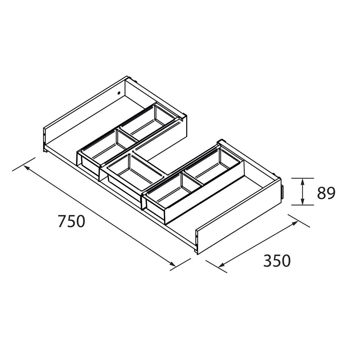 Isometrische technische Zeichnung einer Schubladeneinsatz-Organizer mit Abmessungen 750 x 350 x 89.