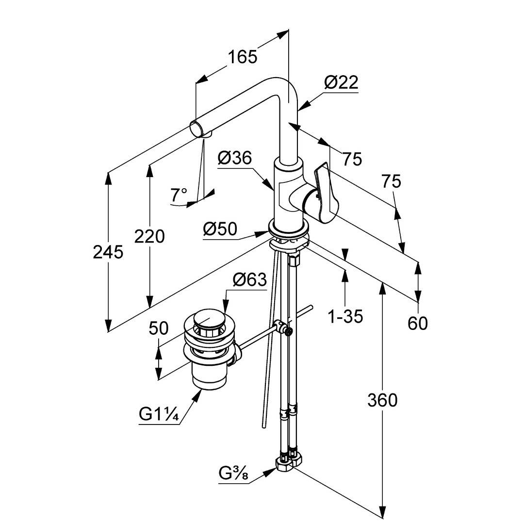 Kludi S100 Waschtischmischer m Ablaufgarnitur hoher Auslauf verchromt