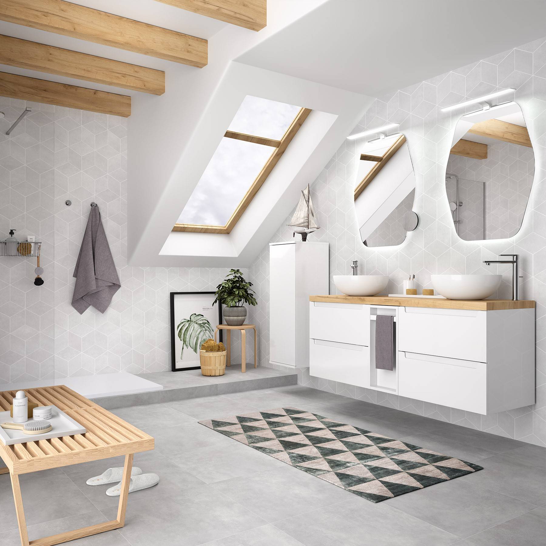 Modernes Badezimmer unter einer schrägen Decke mit Dachfenstern, weißen Schränken, Holzakzenten und grauen Fliesen. Enthält eine Dusche, Pflanzen und geometrische Dekorationselemente.
