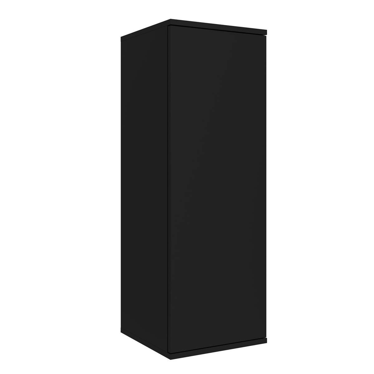 Schwarze hohe rechteckige Schrank- oder Lagereinheit auf weißem Hintergrund, mit schlicht geschlossener Frontseite und ohne sichtbare Griffe.