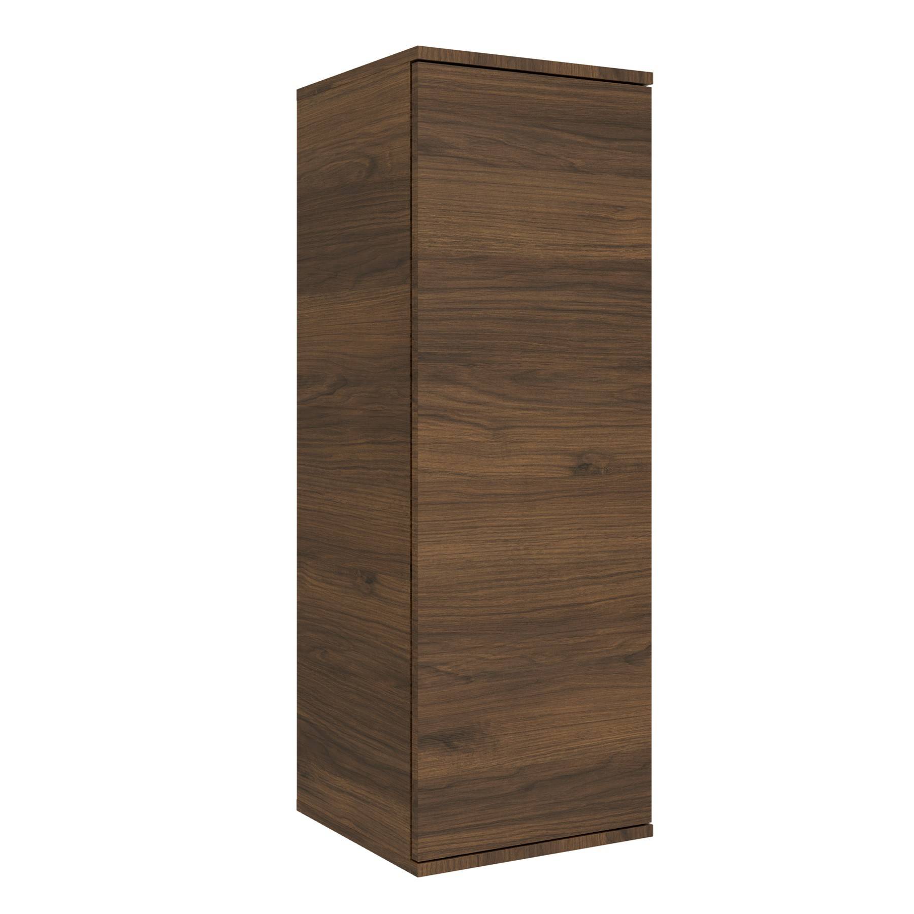 Ein hoher, rechteckiger Holzschrank mit einer glatten, dunkelbraunen Oberfläche und ohne sichtbare Griffe, vor einem weißen Hintergrund.