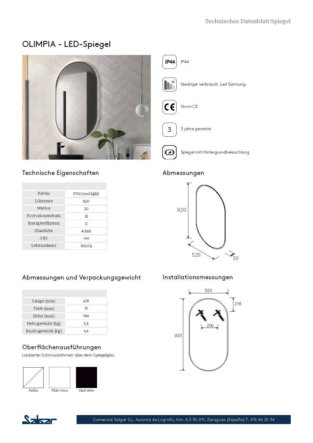Salgar Spiegel OLIMPIA 920 Vertikal mit Led-Leuchte (20 W) IP44 BLACK VELVET 920 x 520 x 30 mm