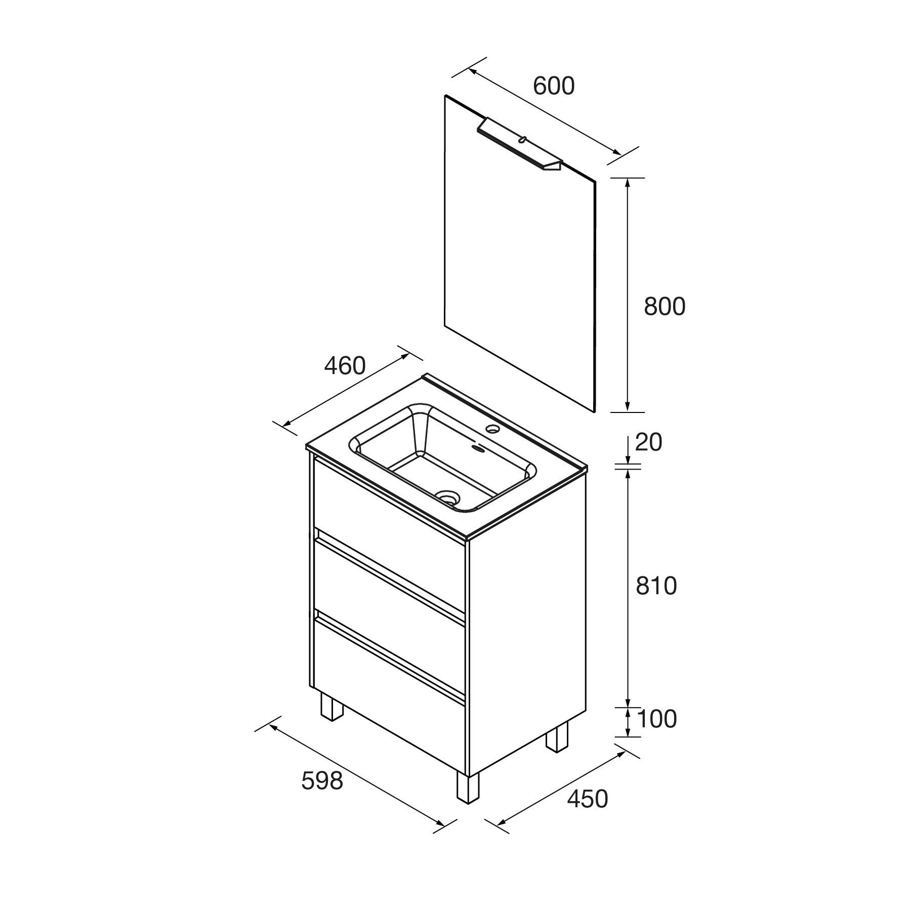 Salgar Noja Komplett-Set 600 3 Schubladen RED SATIN + Waschtisch + Spiegel + Leuchte
