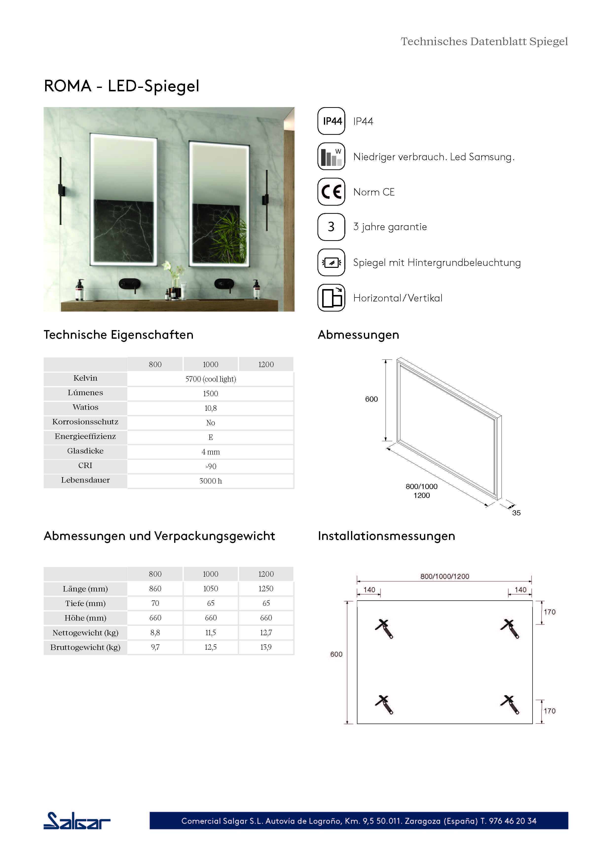 Salgar Spiegel ROMA 1000 horizontal/vertikal mit weiß mit Alu-Rahmen, mit LED-Licht (10,8W/m - 5500ºK.) IP 24 1000 x 600 mm