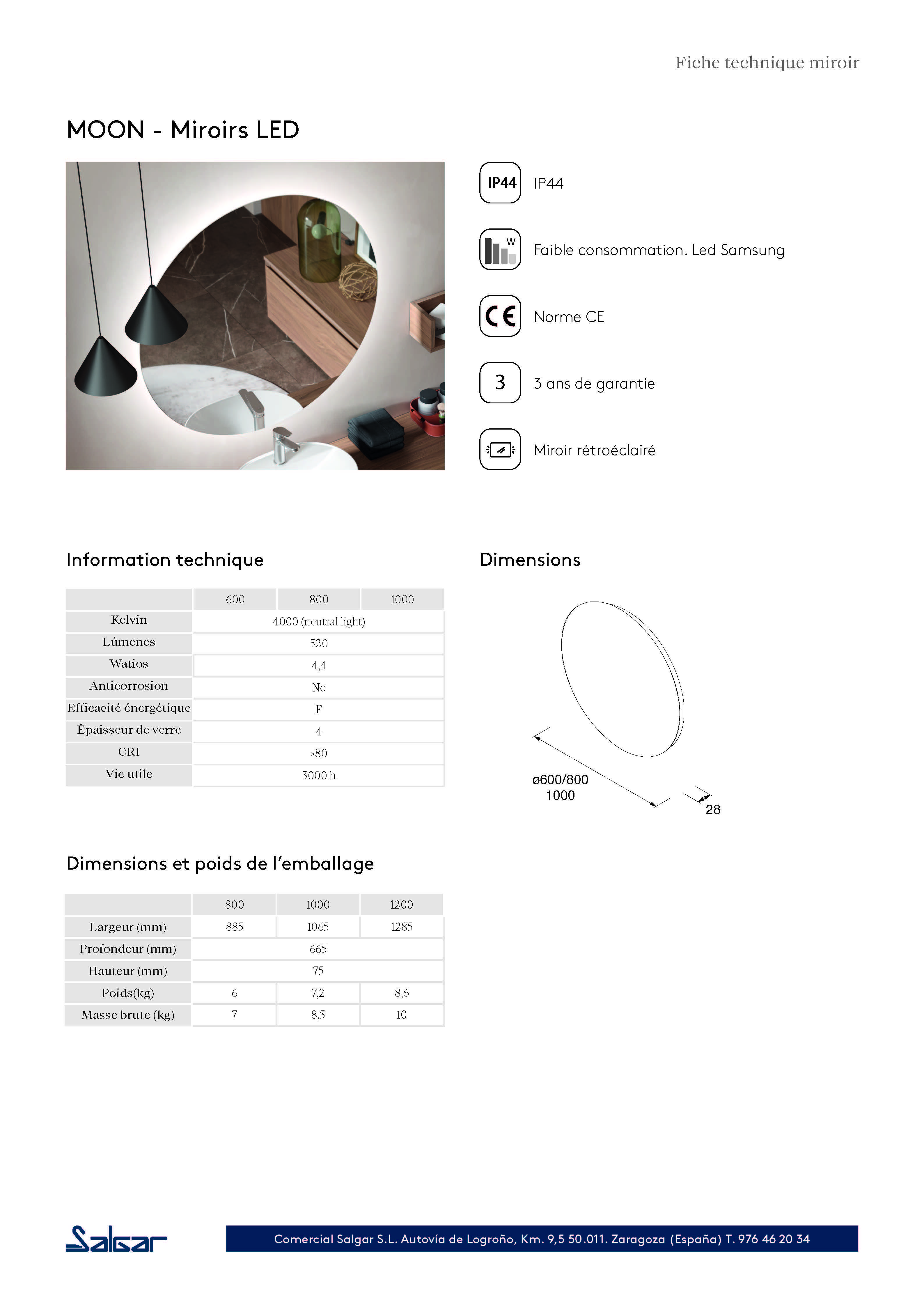 Salgar Spiegel MOON 600 Rounder Wandspiegel mit LED-leuchte (4,4 W- 4000ºK.) IP44 Ø 600 mm