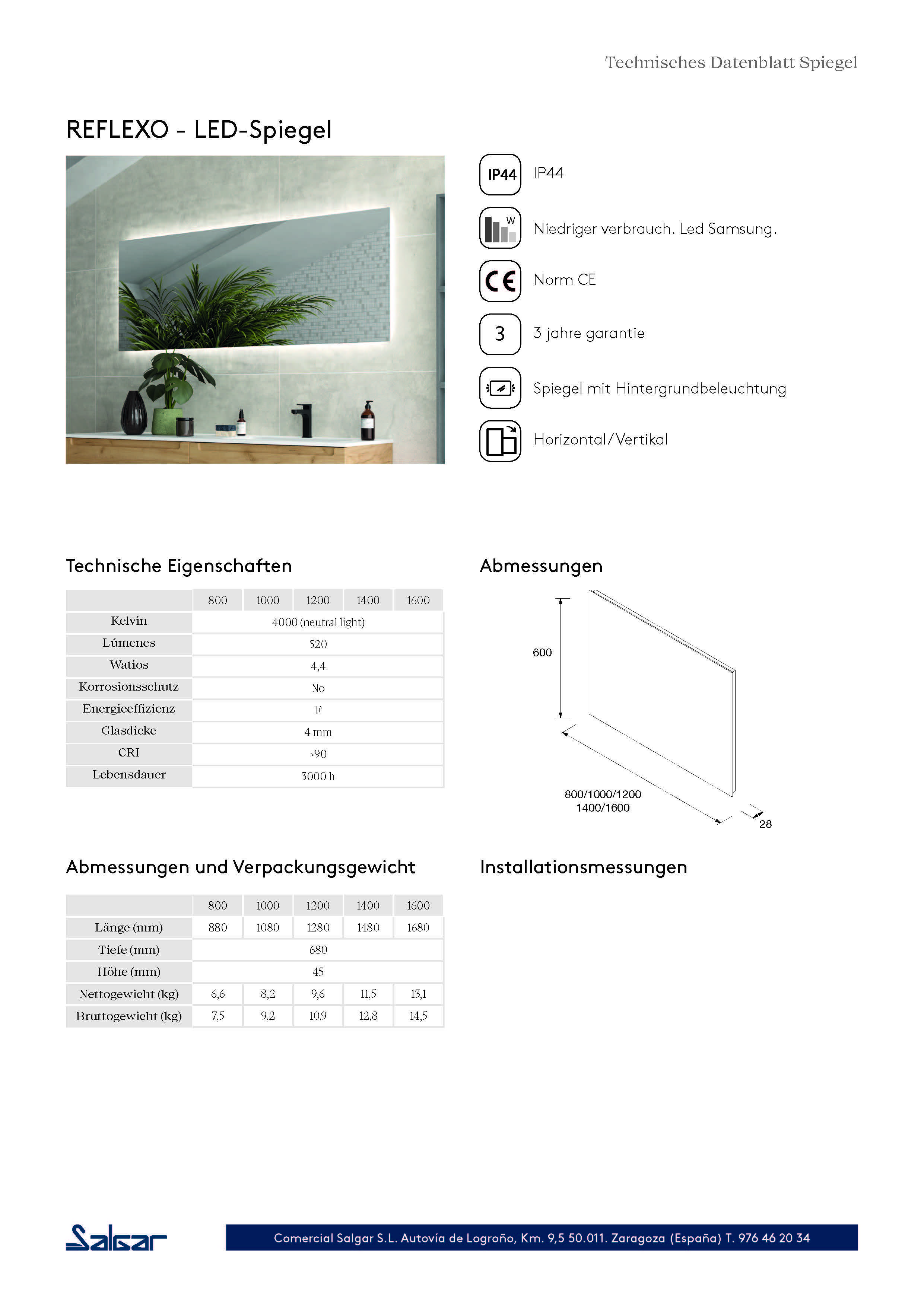 Salgar Spiegel REFLEXO 1600 horizontal vertikal mit LED-Leuchte (4,4 W/m - 4000ºK) IP44 1600 x 600 mm