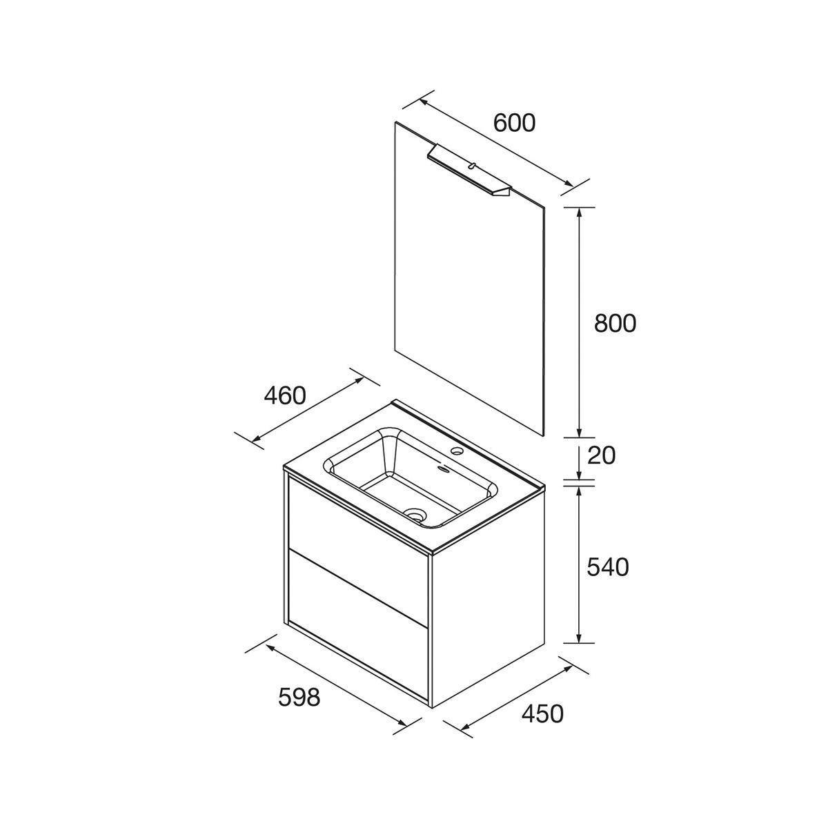 Explodierte Badezimmerwaschbeckendiagramm mit Spiegel, Spiegelschrank und Abmessungen: Spiegel 600 x 800, Schrank 598 x 450 x 540, mit 20 mm Abstand.