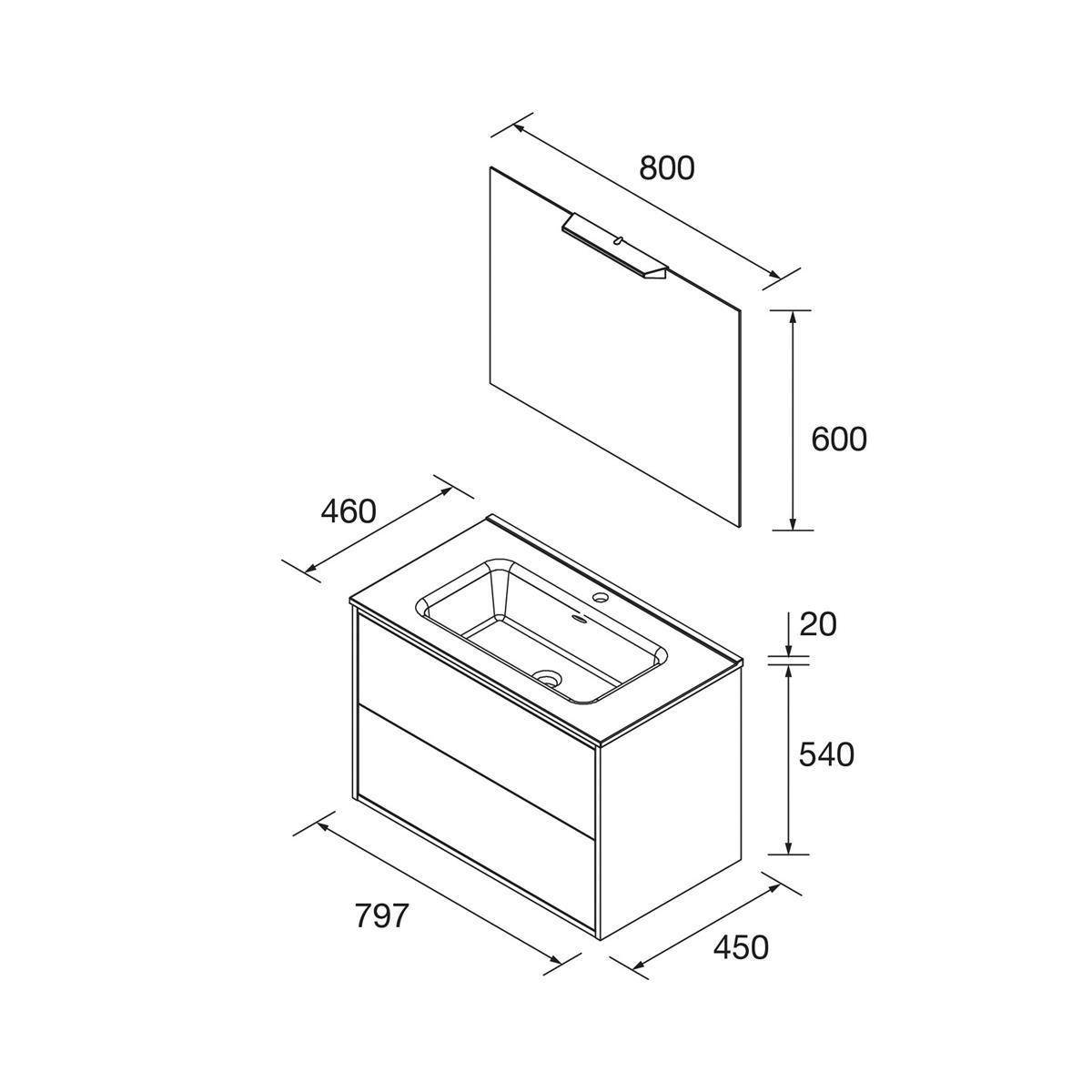 Technische Zeichnung eines Badezimmerwaschtischschranks mit Waschbecken und Spiegelschrank darüber, beschriftete Abmessungen: Waschtisch 797 x 450 x 540 mm, Spiegel 800 x 600 mm, Oberflächendicke 20 mm.