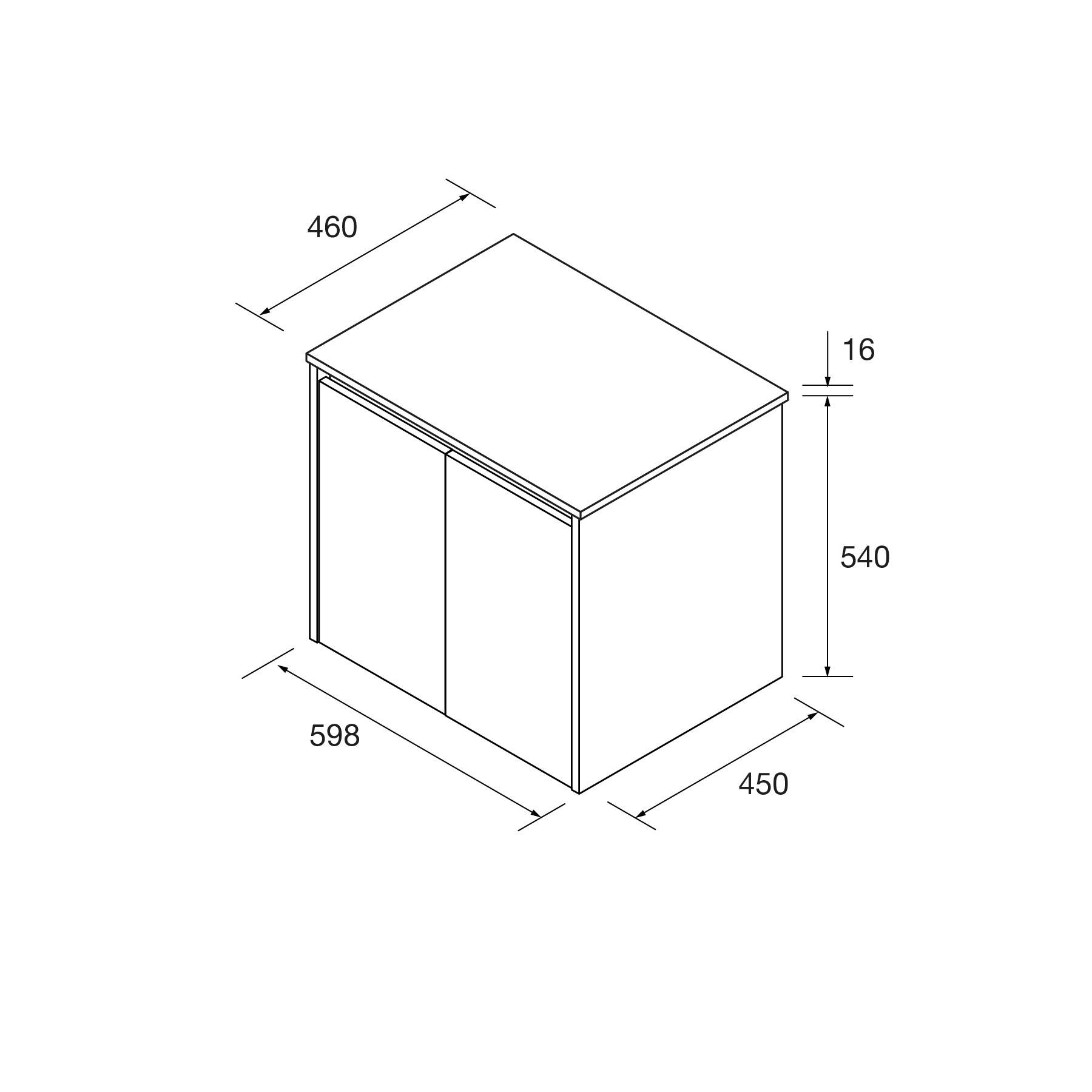 Isometrische Darstellung eines Schranks mit Abmessungen: Höhe 540 mm, Breite 598 mm, Tiefe 450 mm.