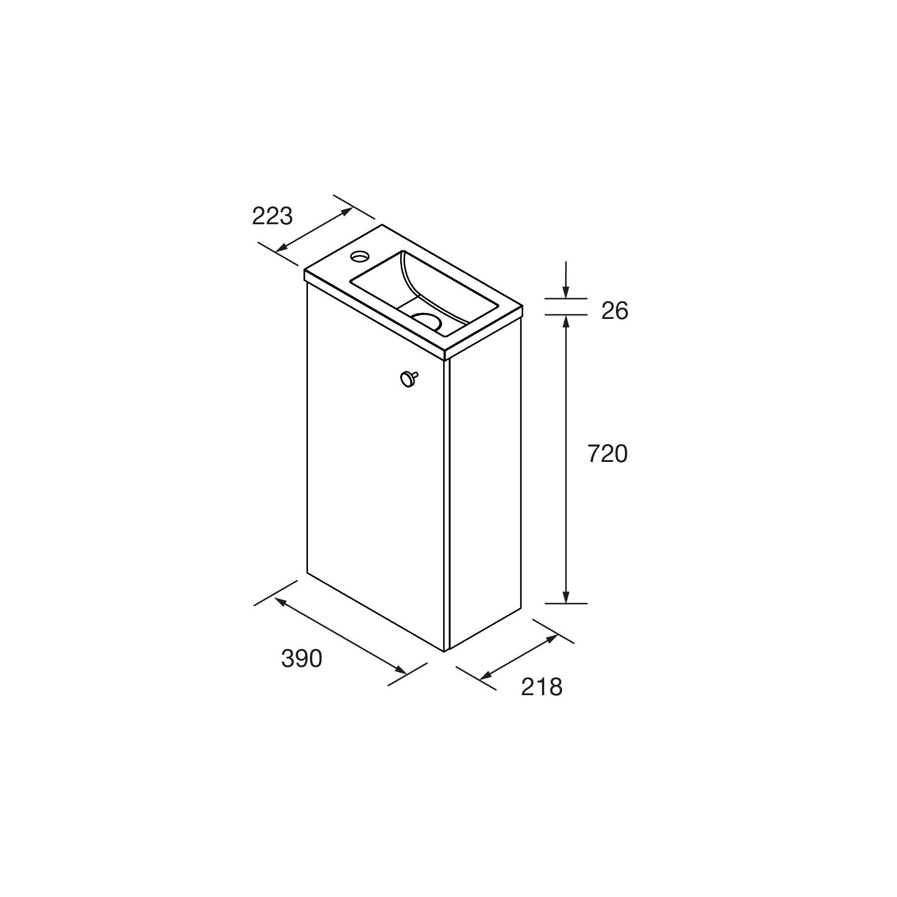 Diagramm eines rechteckigen Waschbeckens mit Unterschrank. Abmessungen: Höhe 720 mm, Breite 390 mm, Tiefe 218 mm. Armaturloch oben links.