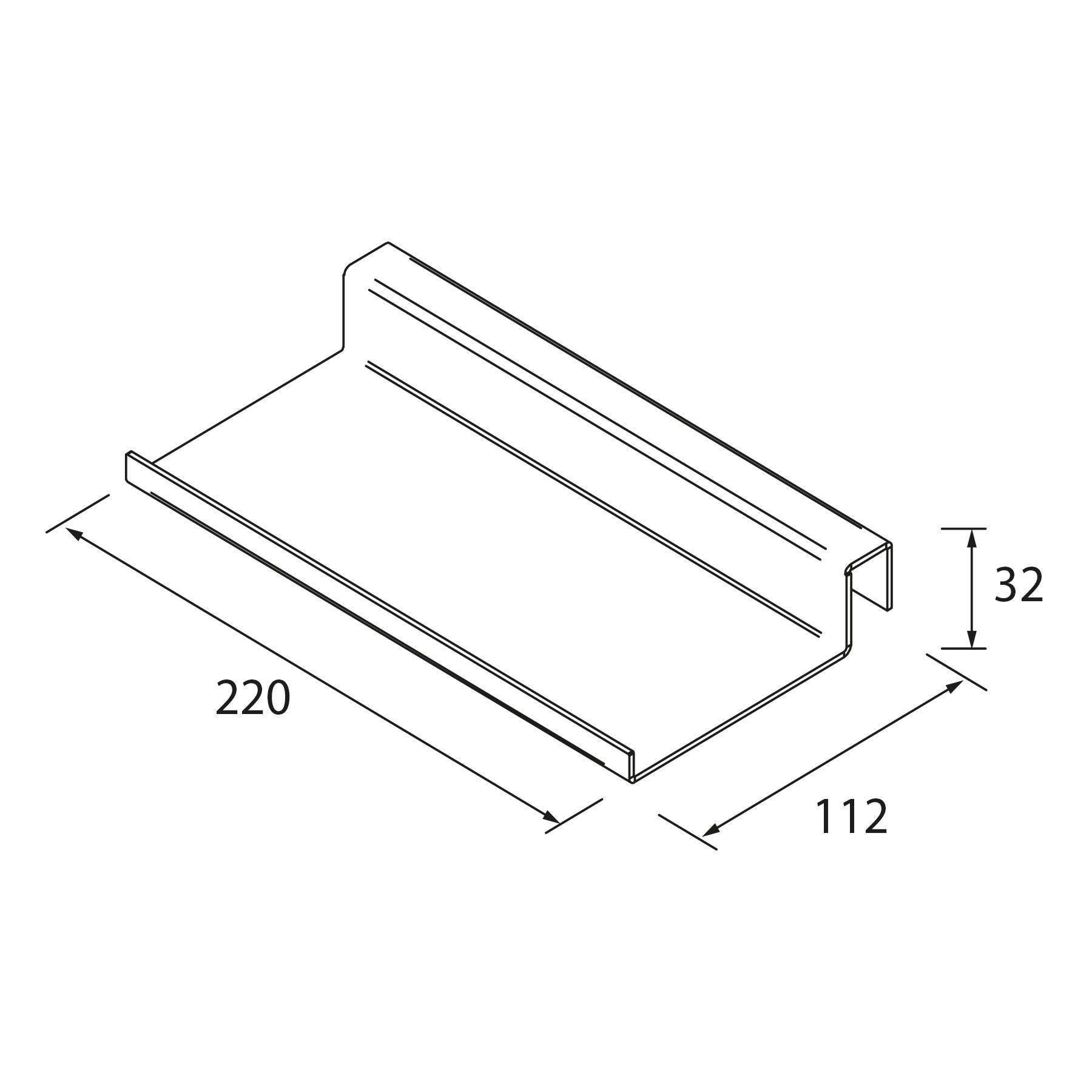 Ein mechanisches Teilediagramm zeigt einen Halter mit den Abmessungen: 220 mm Länge, 112 mm Breite und 32 mm Höhe.