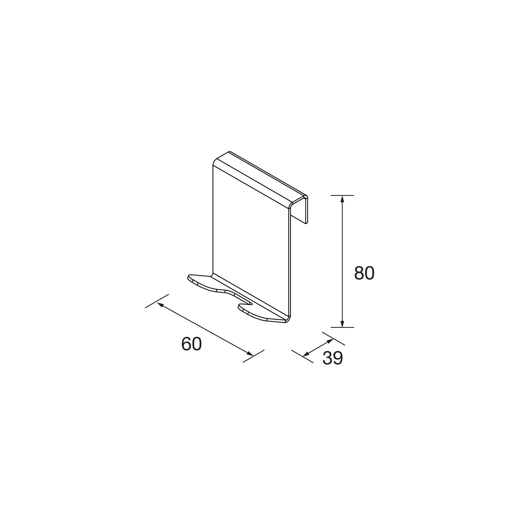 Eine Linienzeichnung eines Metallbügels mit Abmessungen: 60 mm breit, 80 mm hoch und 39 mm tief, aus einem Winkel betrachtet.