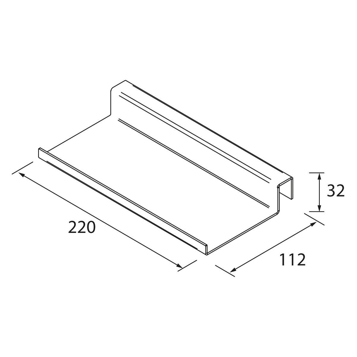 Maßstabsgerechte technische Zeichnung eines L-förmigen Metallkanals oder Winkels, mit einer Länge von 220 mm, einer Breite von 112 mm und einer Höhe von 32 mm.