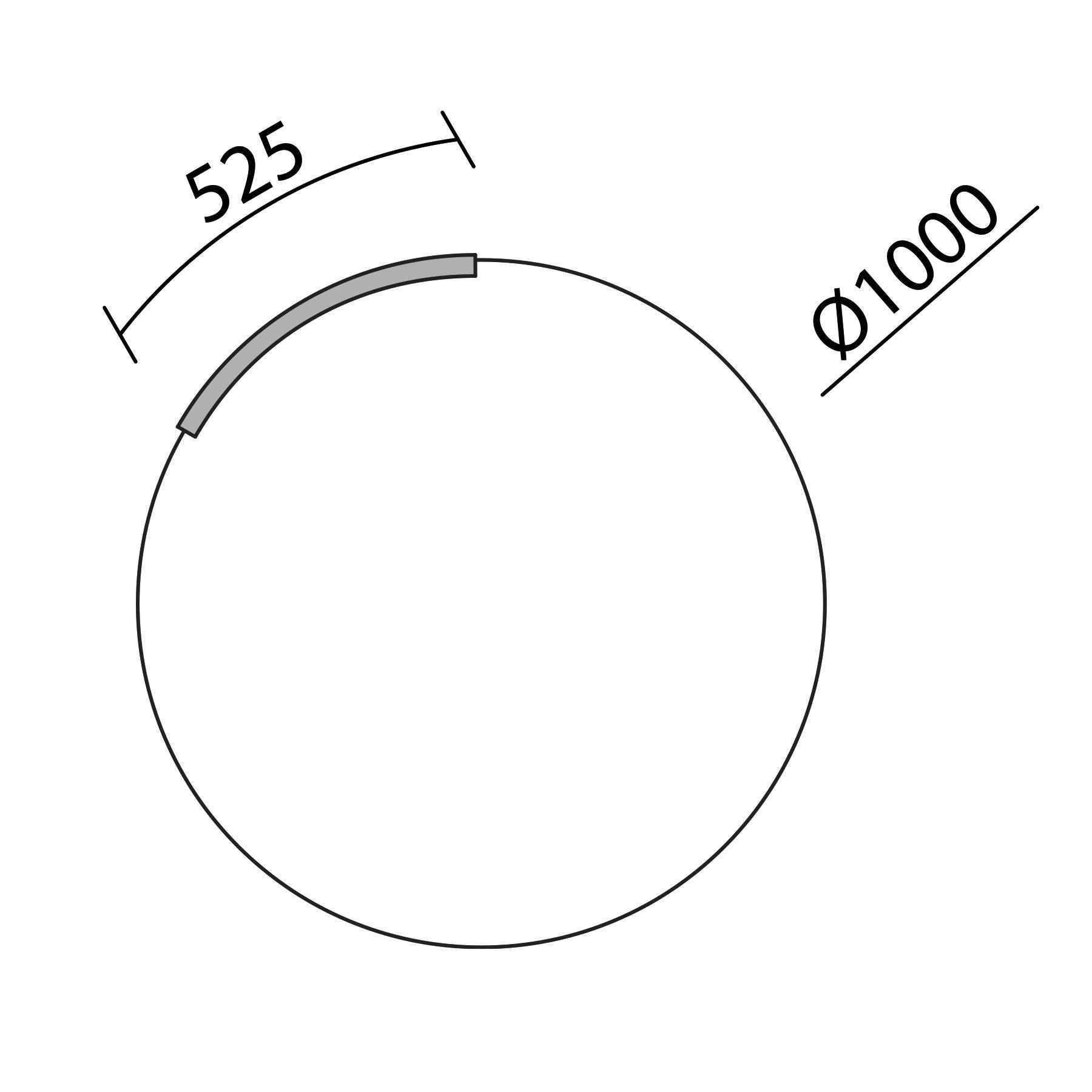 Diagramm eines Kreises mit einem Durchmesser von '∅1000'. Ein Segment am Kreisrand ist mit einer Länge von '525' markiert.